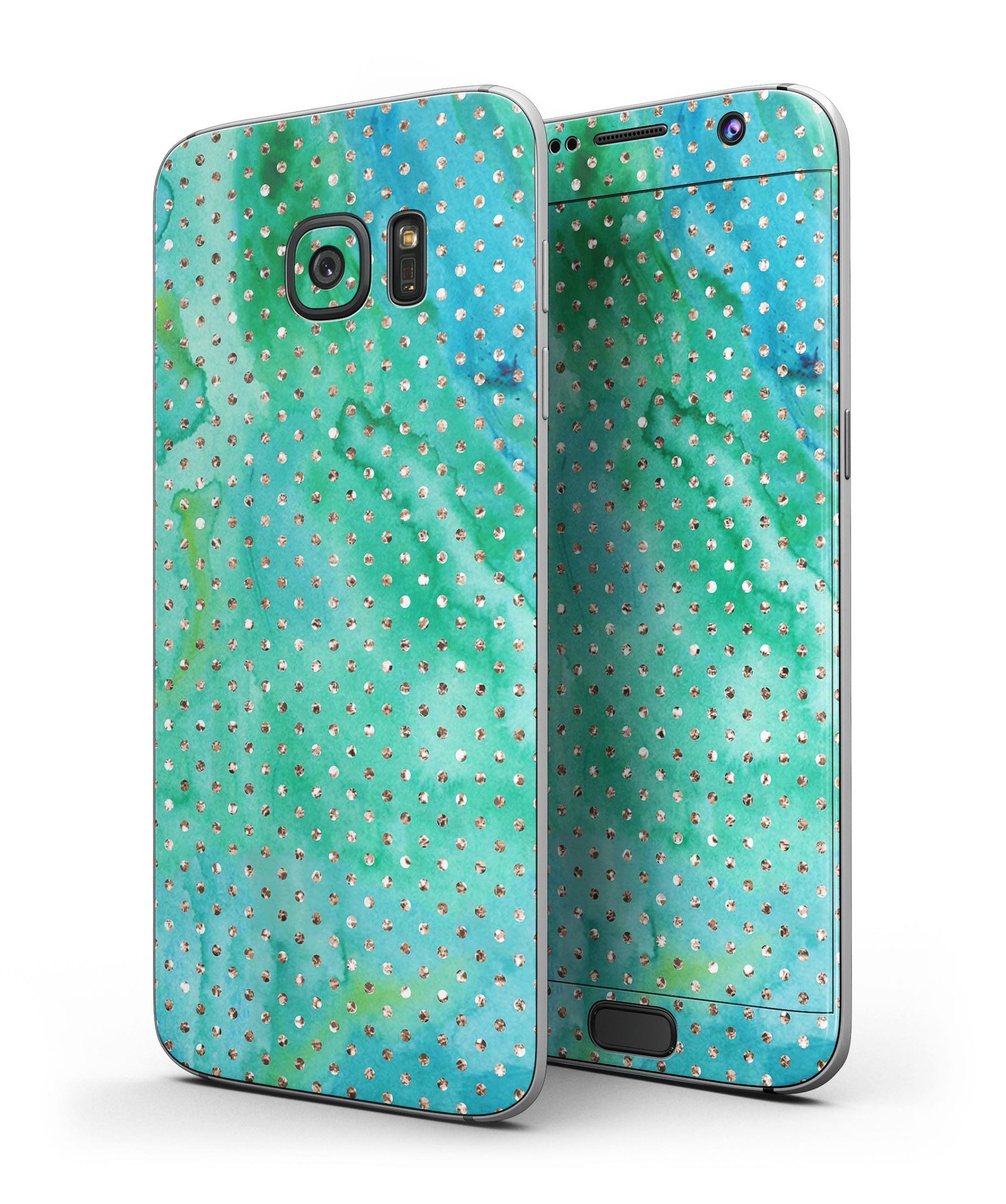 Green and Gold Watercolor Polka Dots skin for Samsung Galaxy S7 and S7 Edge, showcasing vibrant colors and full-body coverage.