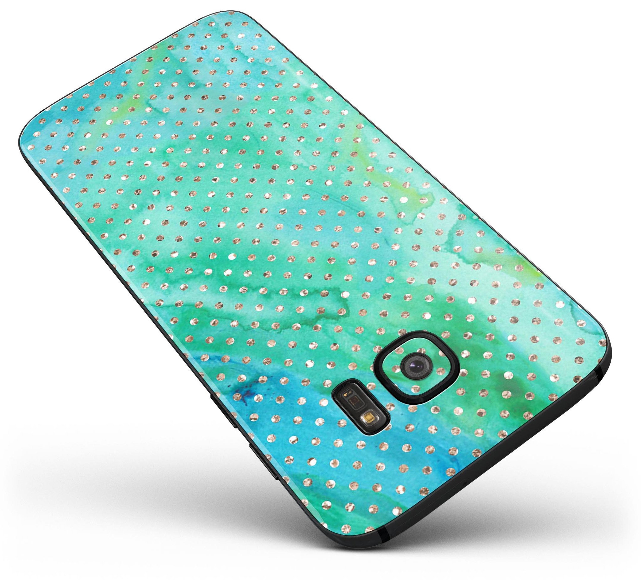 Green and Gold Watercolor Polka Dots skin for Samsung Galaxy S7 and S7 Edge, showcasing vibrant colors and full-body coverage.