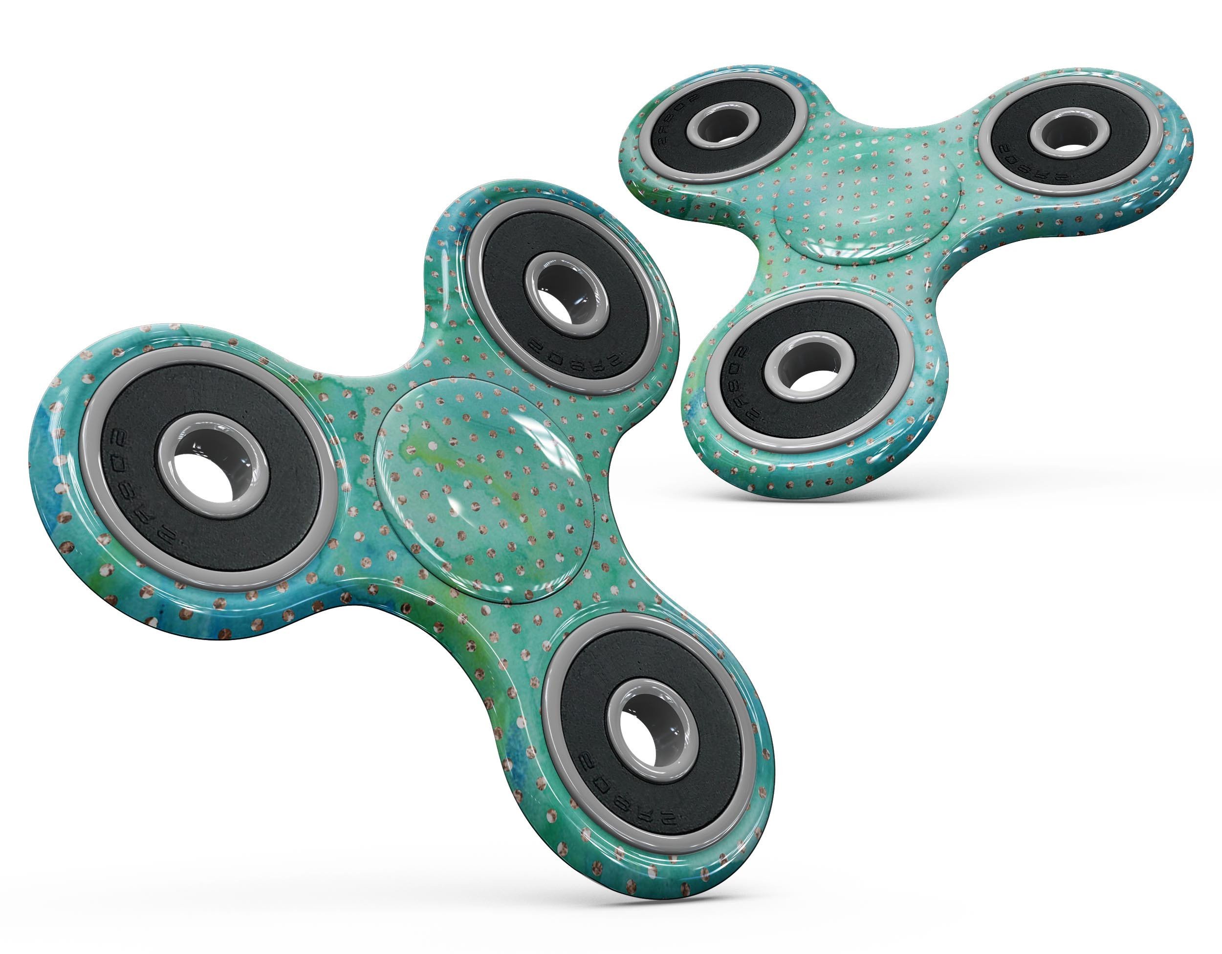 Green and gold watercolor polka dots skin kit for fidget spinner, showcasing vibrant colors and unique design.