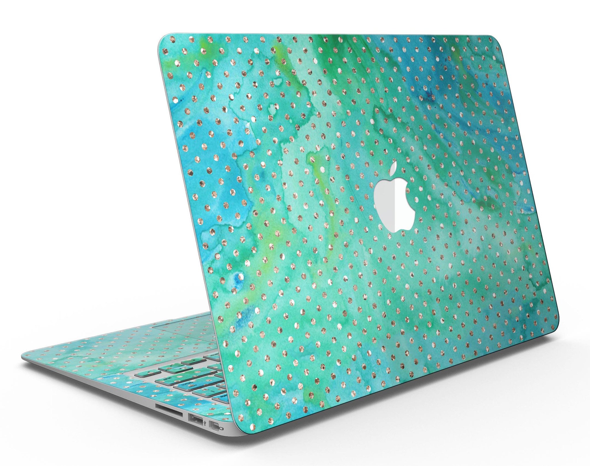 Green and Gold Watercolor Polka Dots MacBook Air Skin Kit showcasing vibrant colors and artistic design.