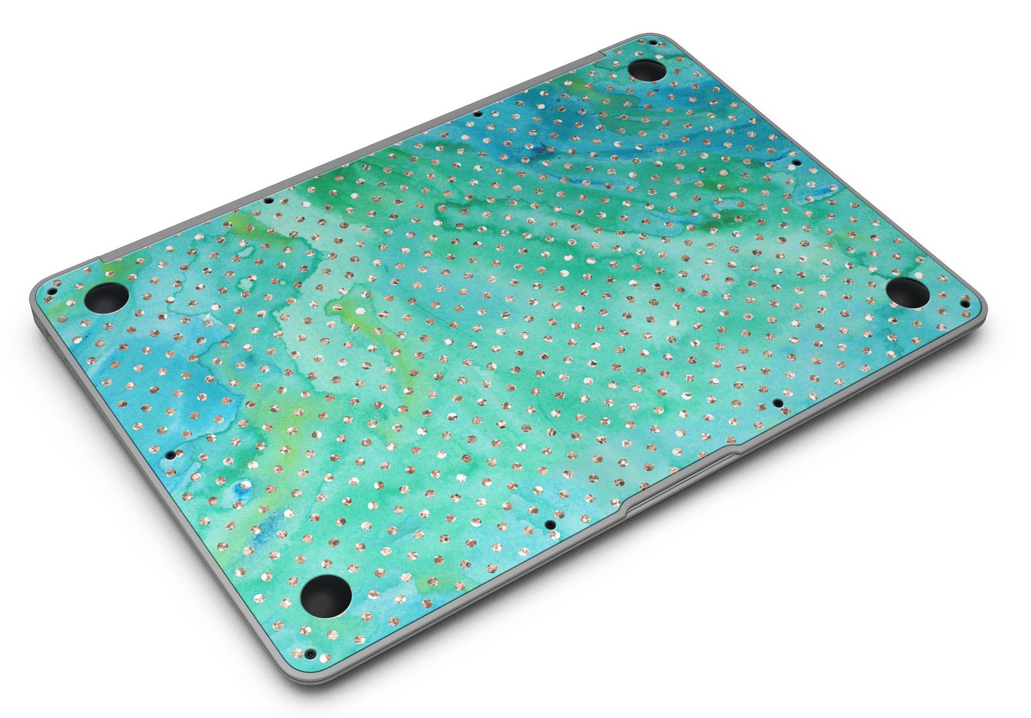 Green and Gold Watercolor Polka Dots MacBook Air Skin Kit showcasing vibrant colors and artistic design.