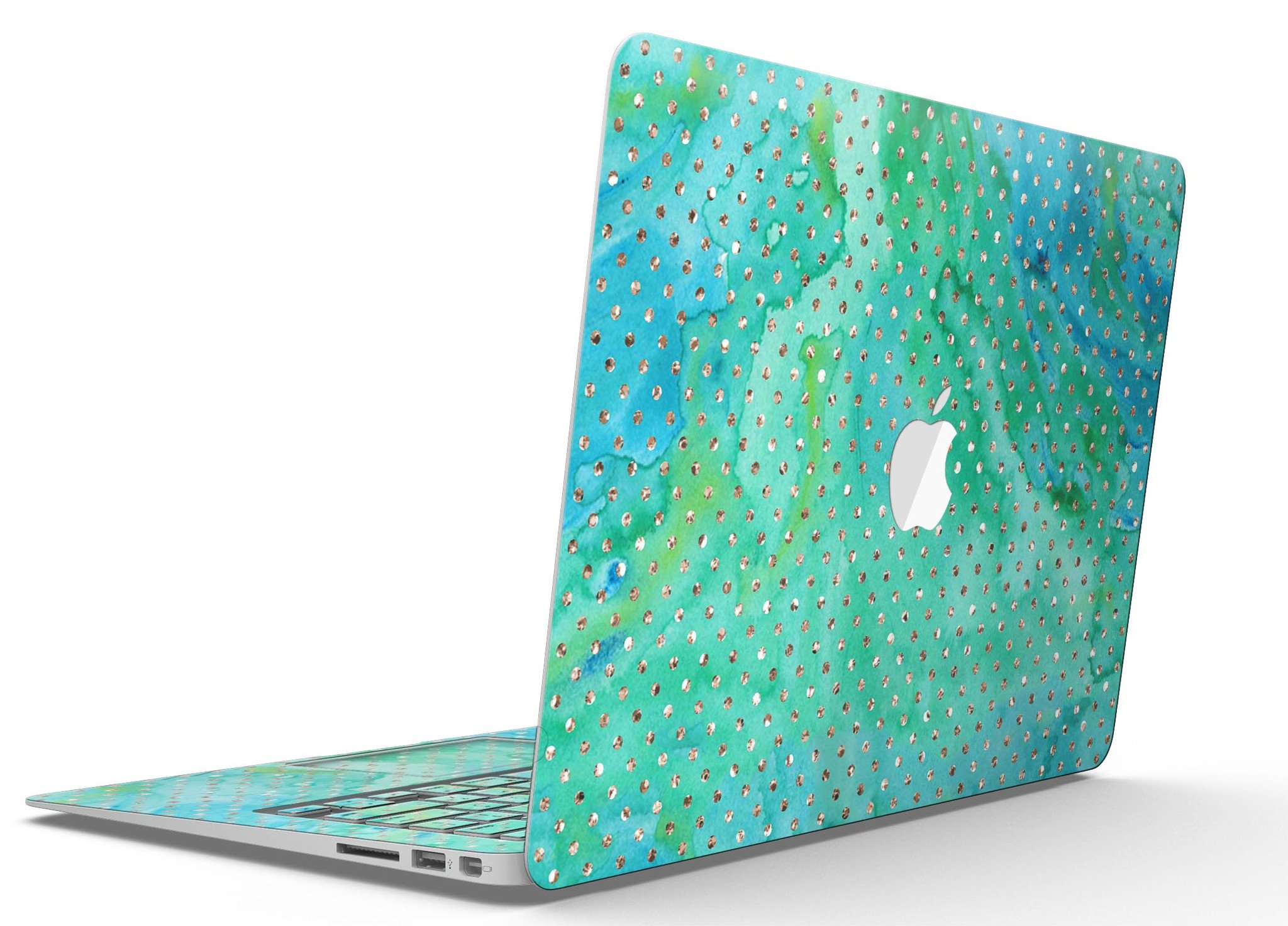 Green and Gold Watercolor Polka Dots MacBook Air Skin Kit showcasing vibrant colors and artistic design.