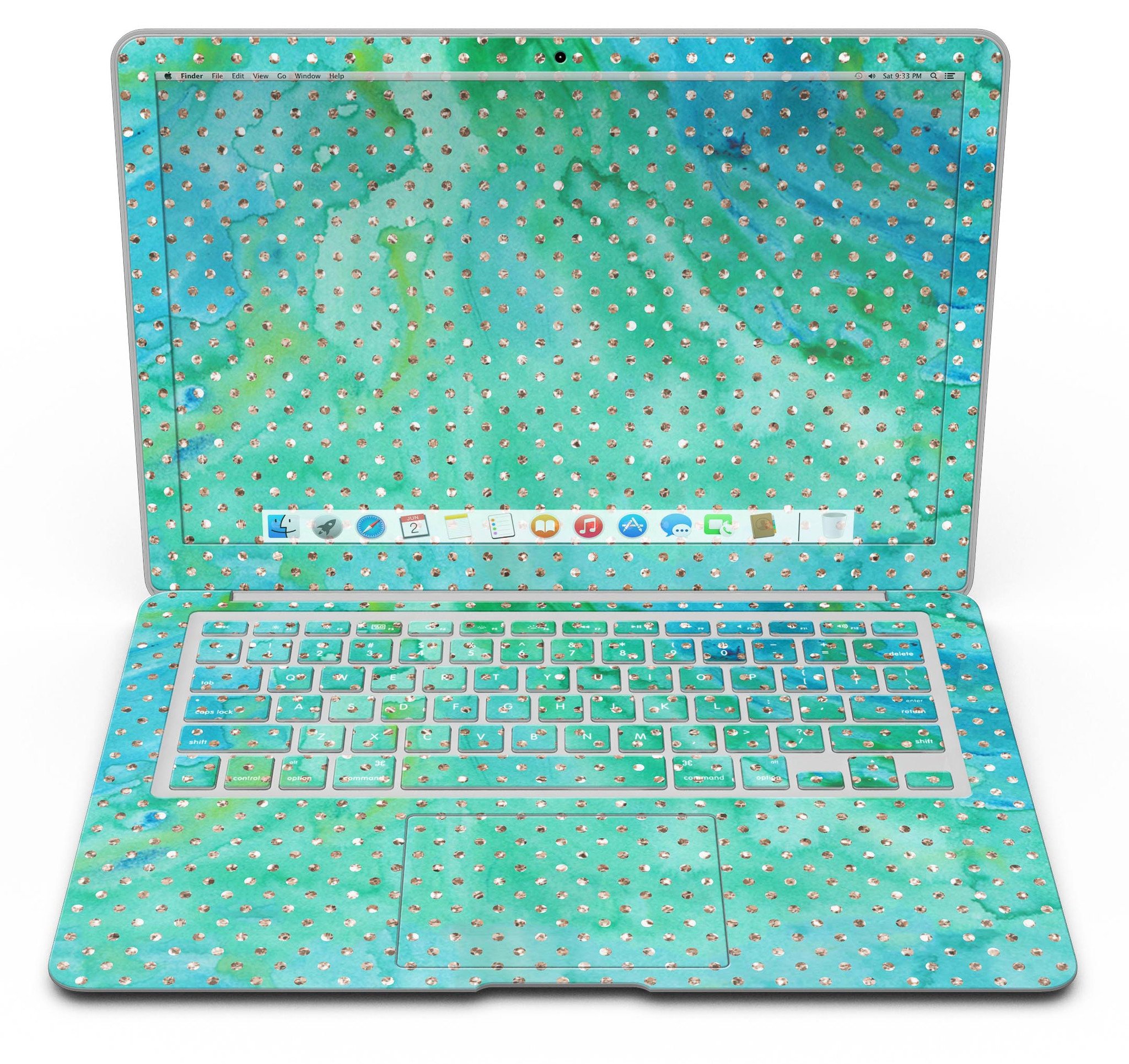 Green and Gold Watercolor Polka Dots MacBook Air Skin Kit showcasing vibrant colors and artistic design.