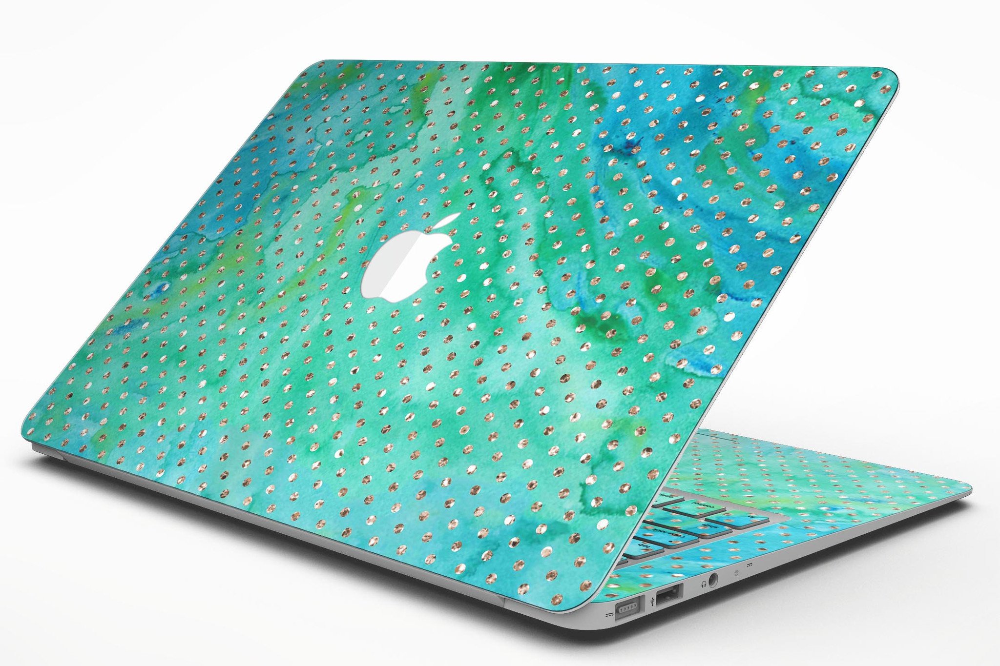 Green and Gold Watercolor Polka Dots MacBook Air Skin Kit showcasing vibrant colors and artistic design.