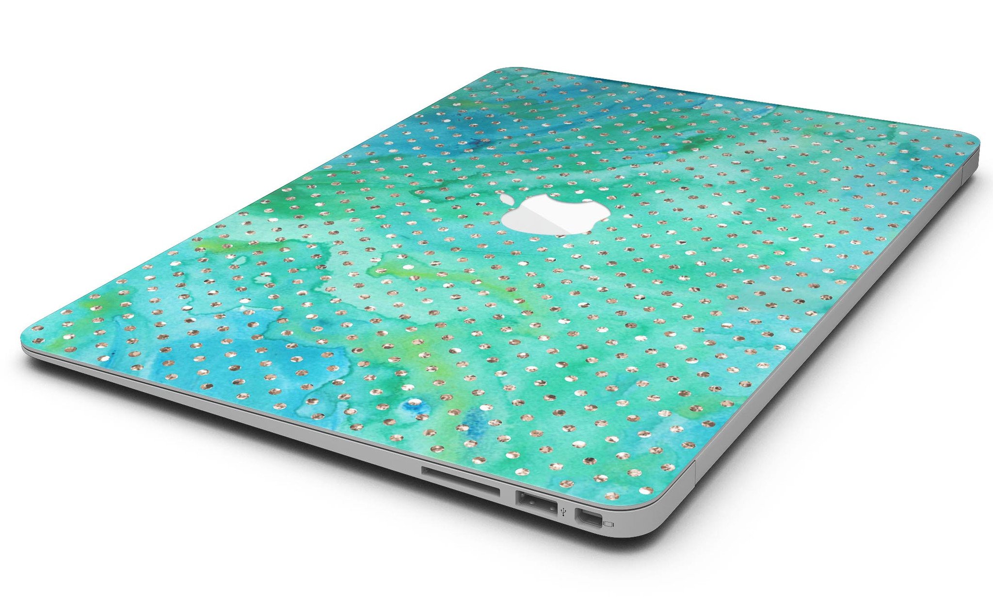 Green and Gold Watercolor Polka Dots MacBook Air Skin Kit showcasing vibrant colors and artistic design.