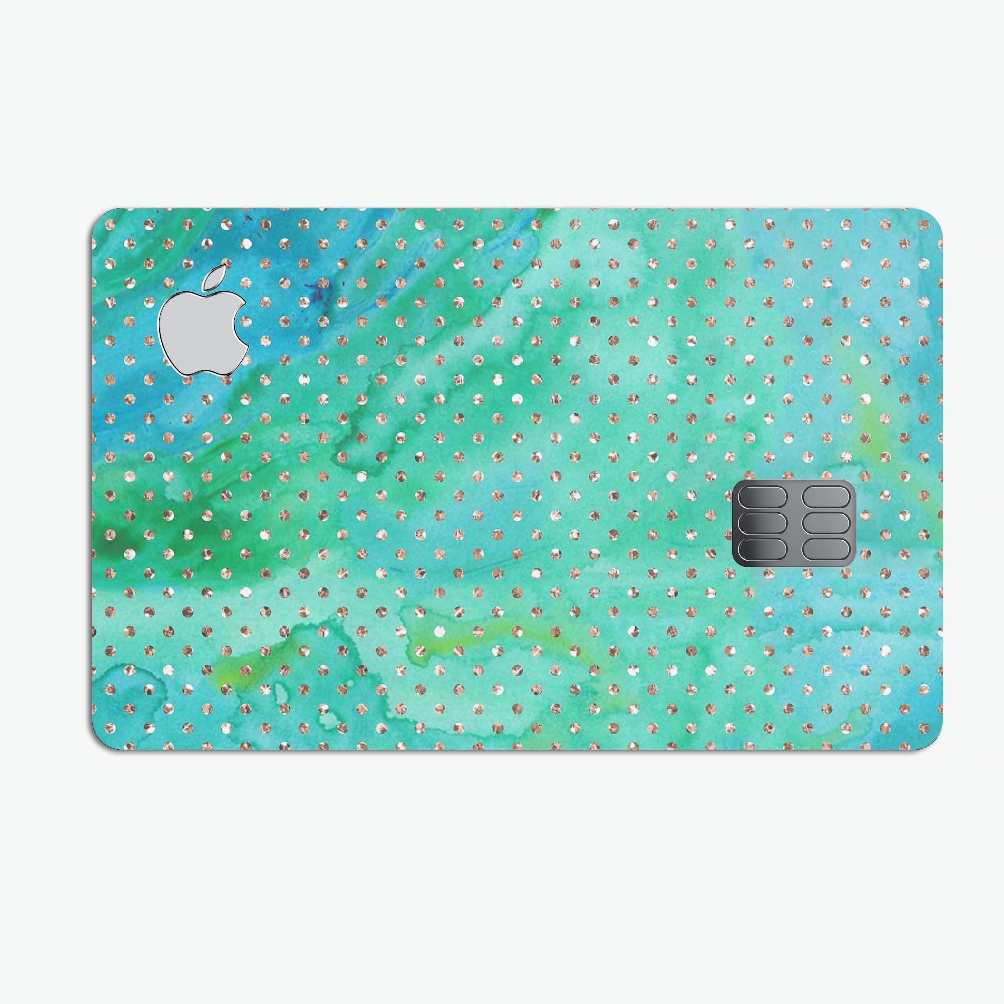 Green and Gold Watercolor Polka Dots decal on an Apple Card, showcasing vibrant colors and a stylish design.