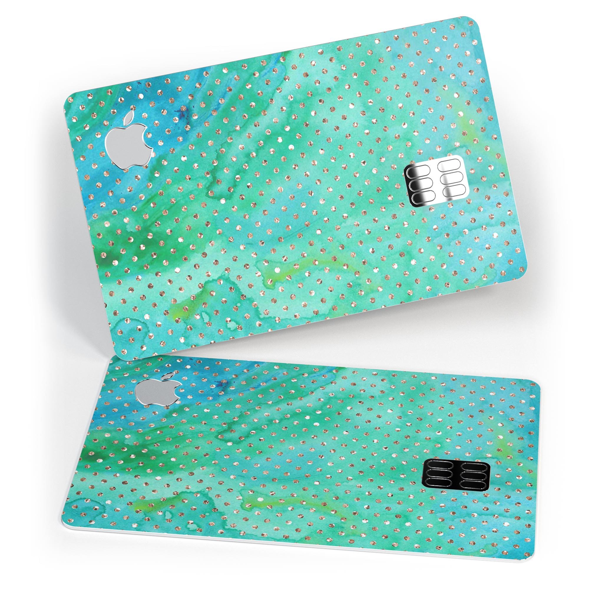 Green and Gold Watercolor Polka Dots decal on an Apple Card, showcasing vibrant colors and a stylish design.