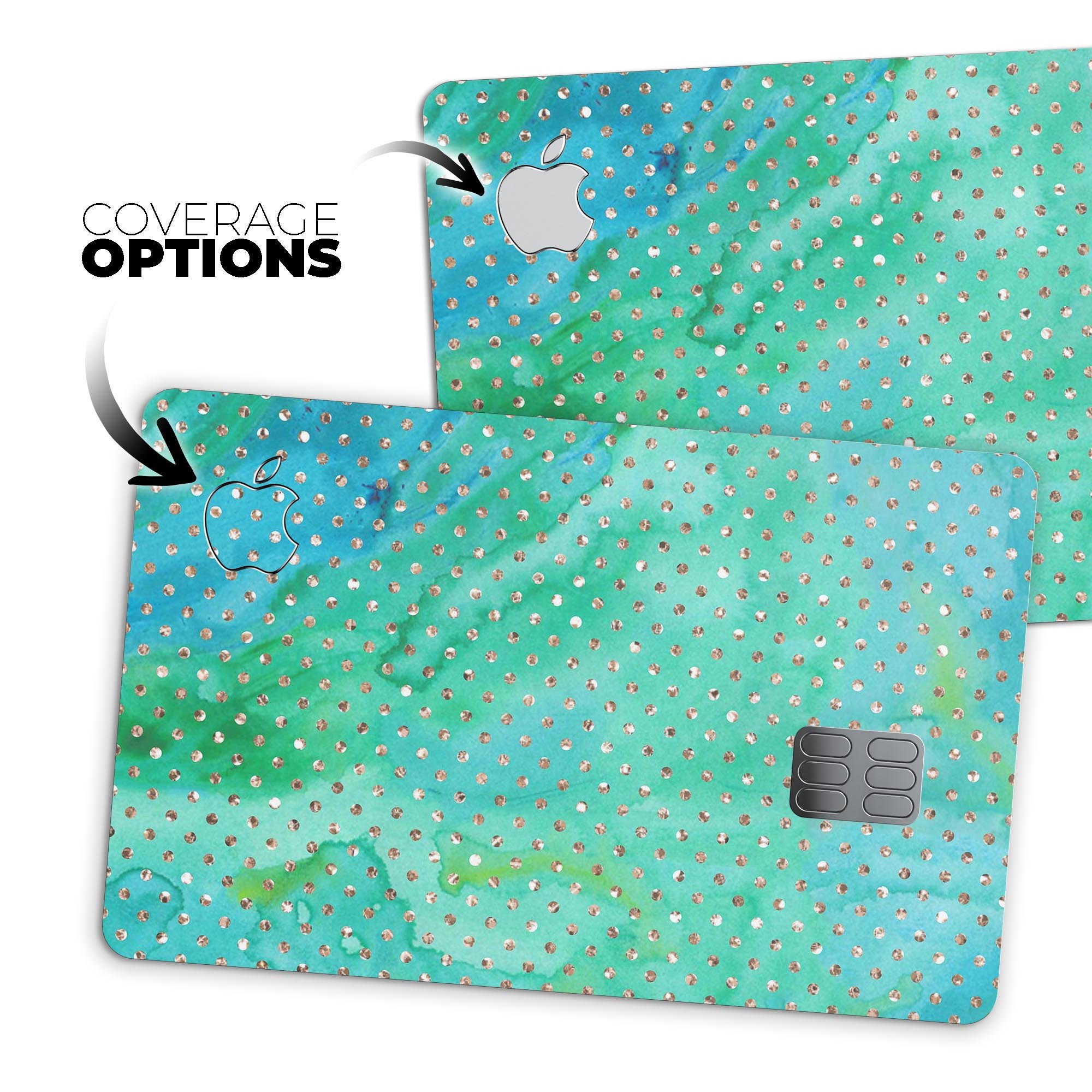 Green and Gold Watercolor Polka Dots decal on an Apple Card, showcasing vibrant colors and a stylish design.