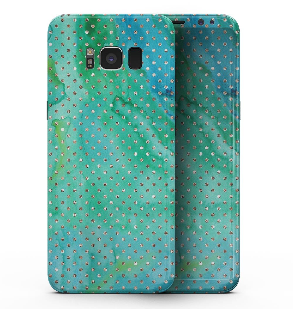 Samsung Galaxy S8 with Green and Gold Watercolor Polka Dots skin, showcasing vibrant colors and stylish design.