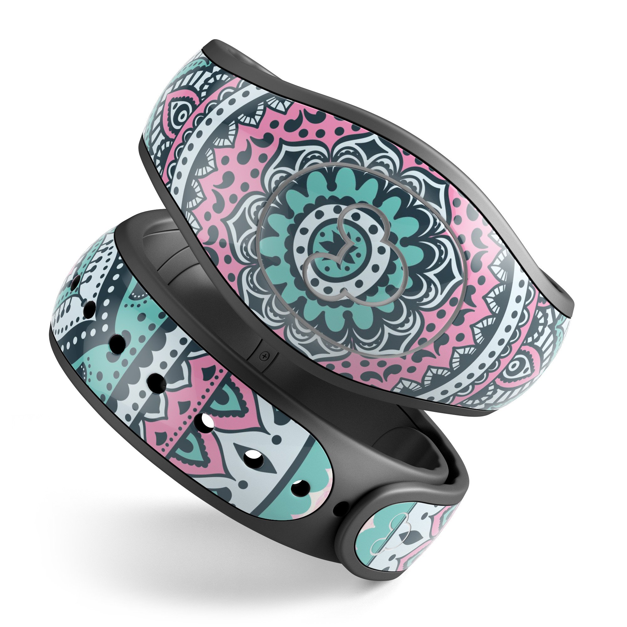 Green and Pink Circle Mandala decal skin wrap kit for Disney Magic Band, showcasing vibrant colors and intricate mandala design.