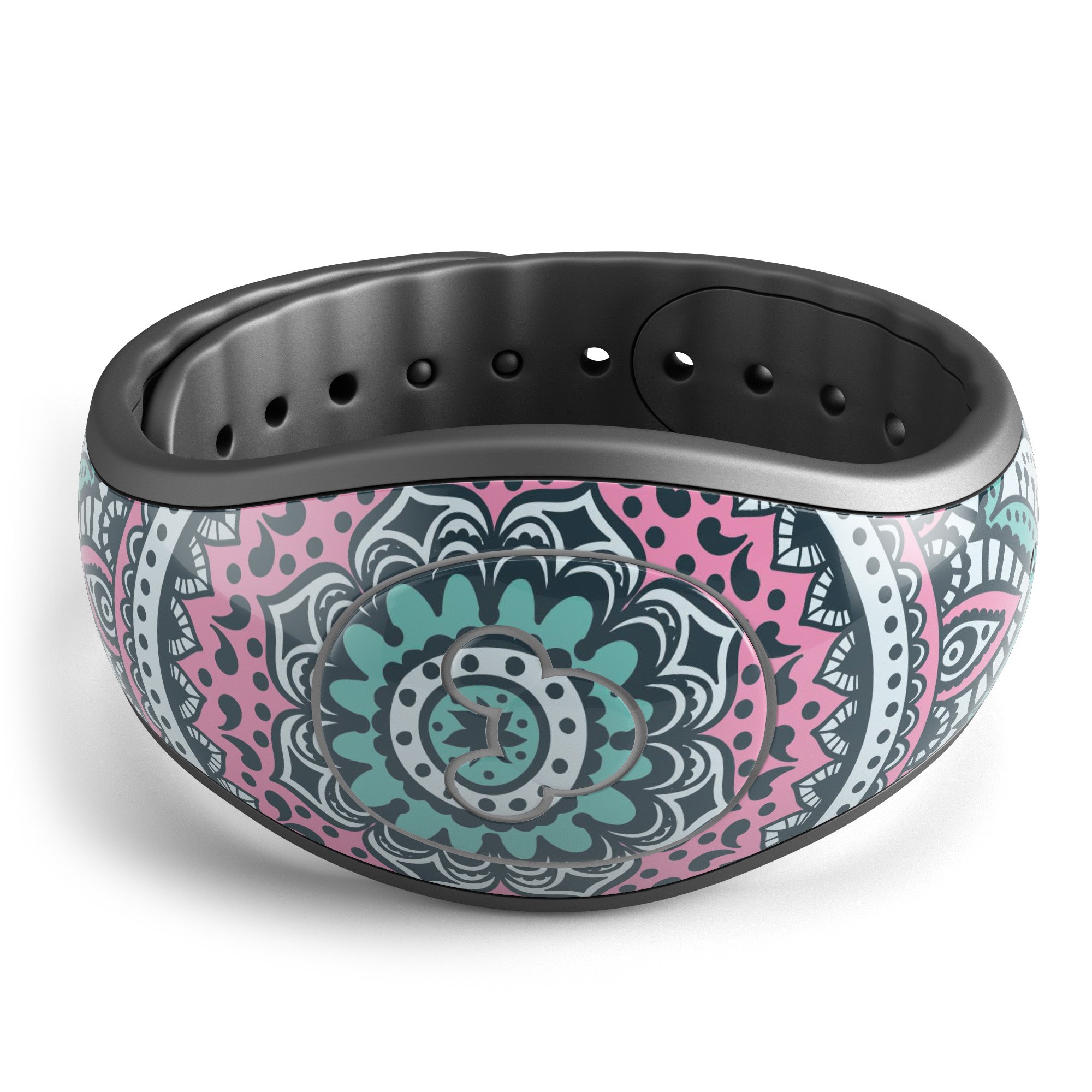 Green and Pink Circle Mandala decal skin wrap kit for Disney Magic Band, showcasing vibrant colors and intricate mandala design.