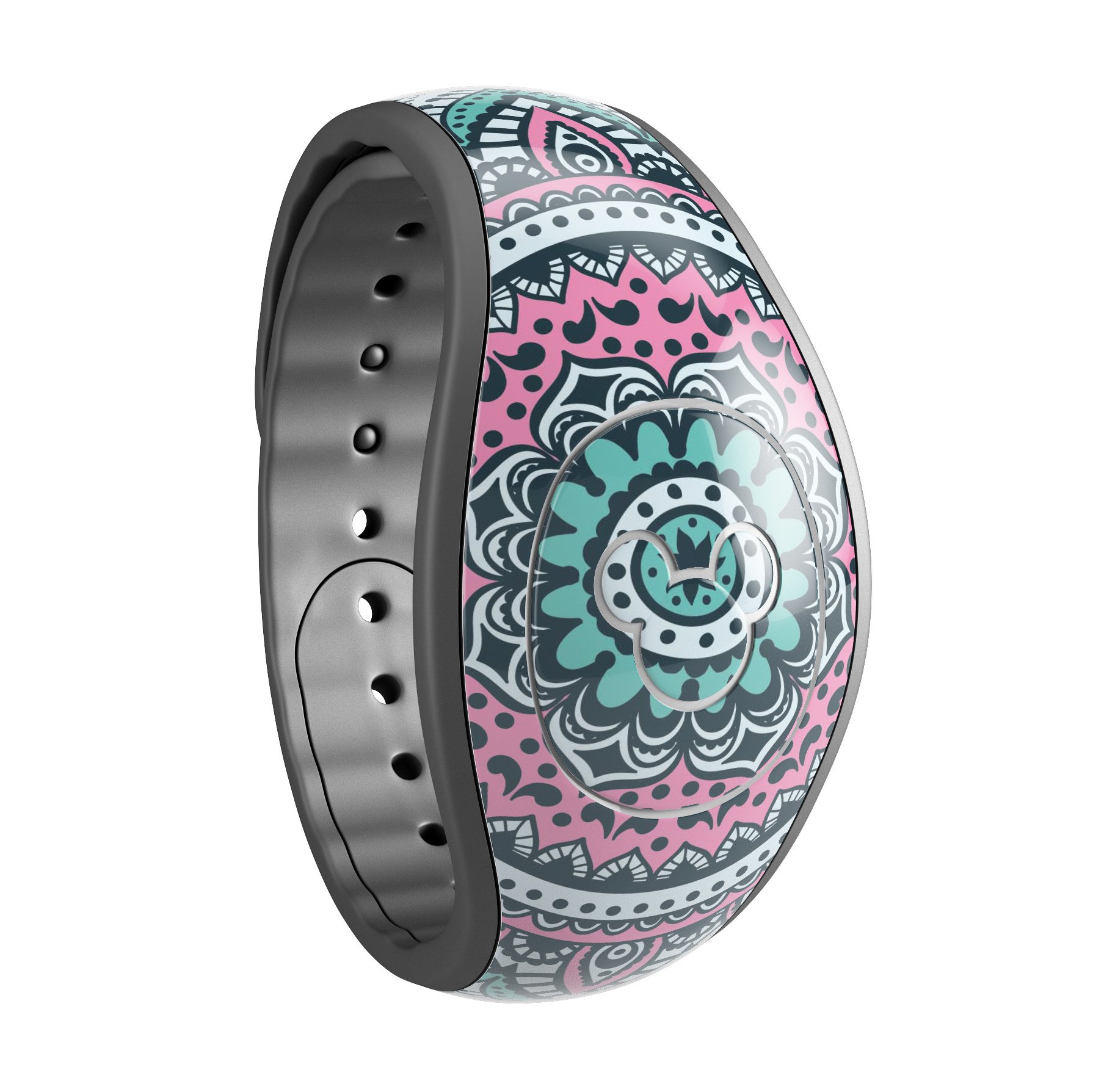 Green and Pink Circle Mandala decal skin wrap kit for Disney Magic Band, showcasing vibrant colors and intricate mandala design.