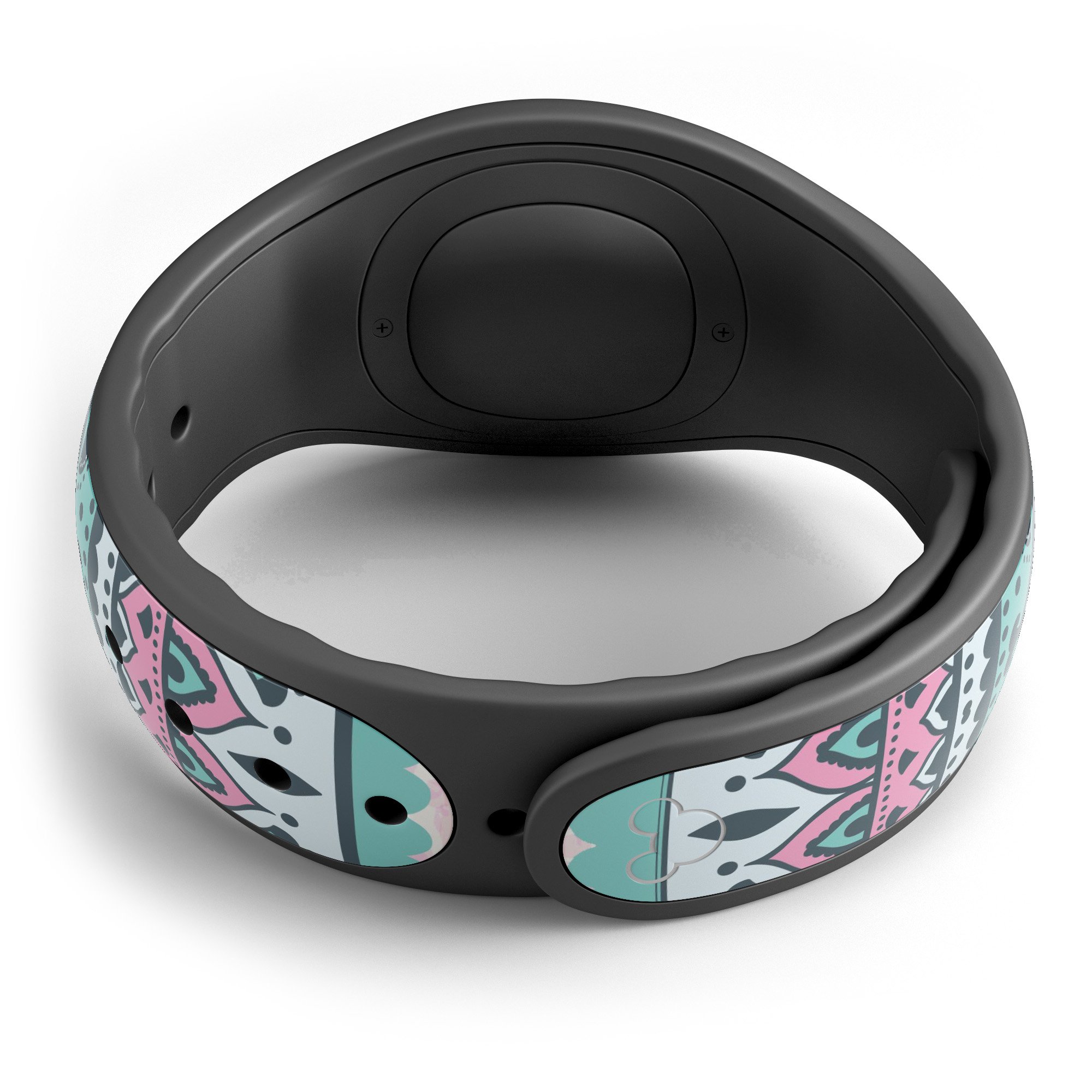 Green and Pink Circle Mandala decal skin wrap kit for Disney Magic Band, showcasing vibrant colors and intricate mandala design.