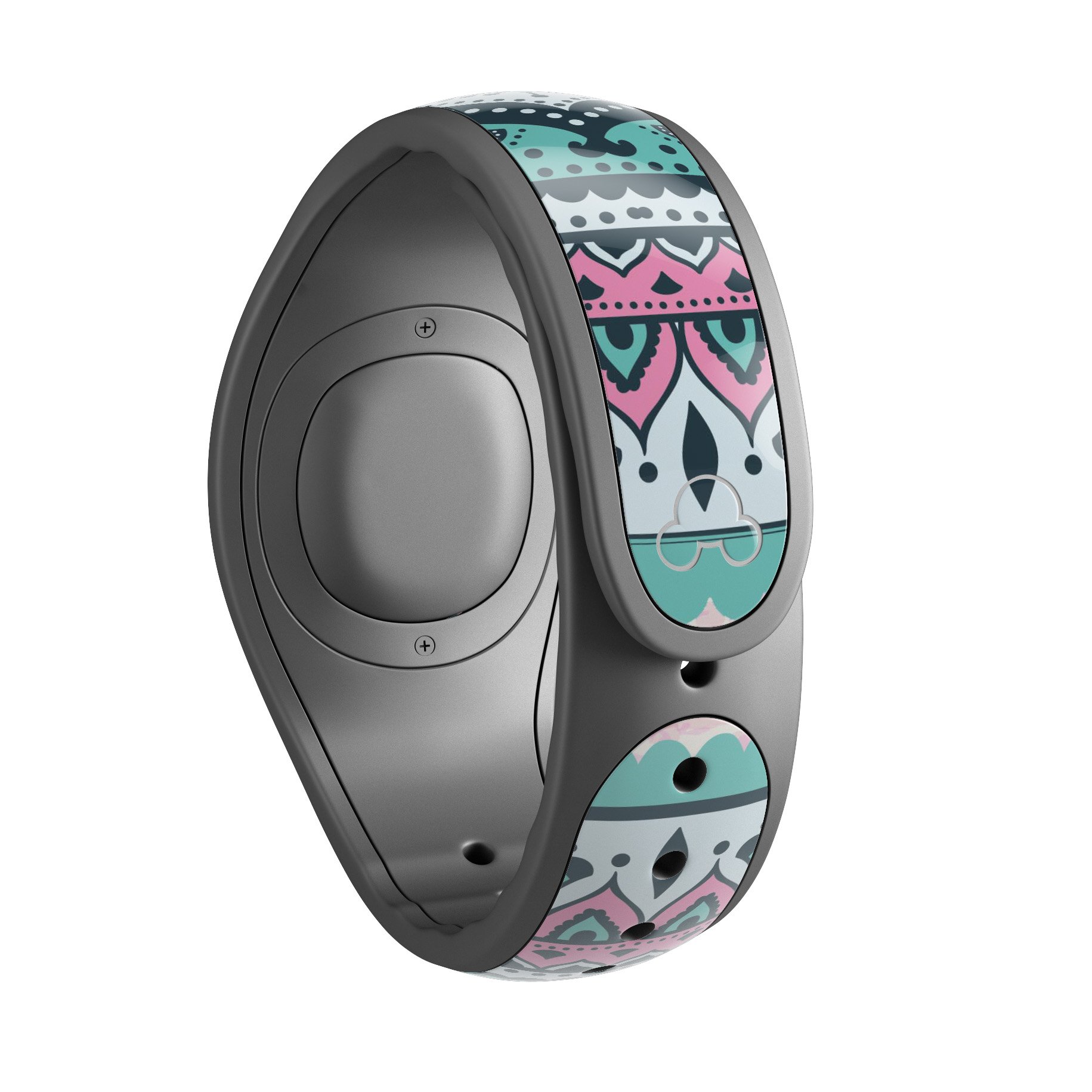 Green and Pink Circle Mandala decal skin wrap kit for Disney Magic Band, showcasing vibrant colors and intricate mandala design.