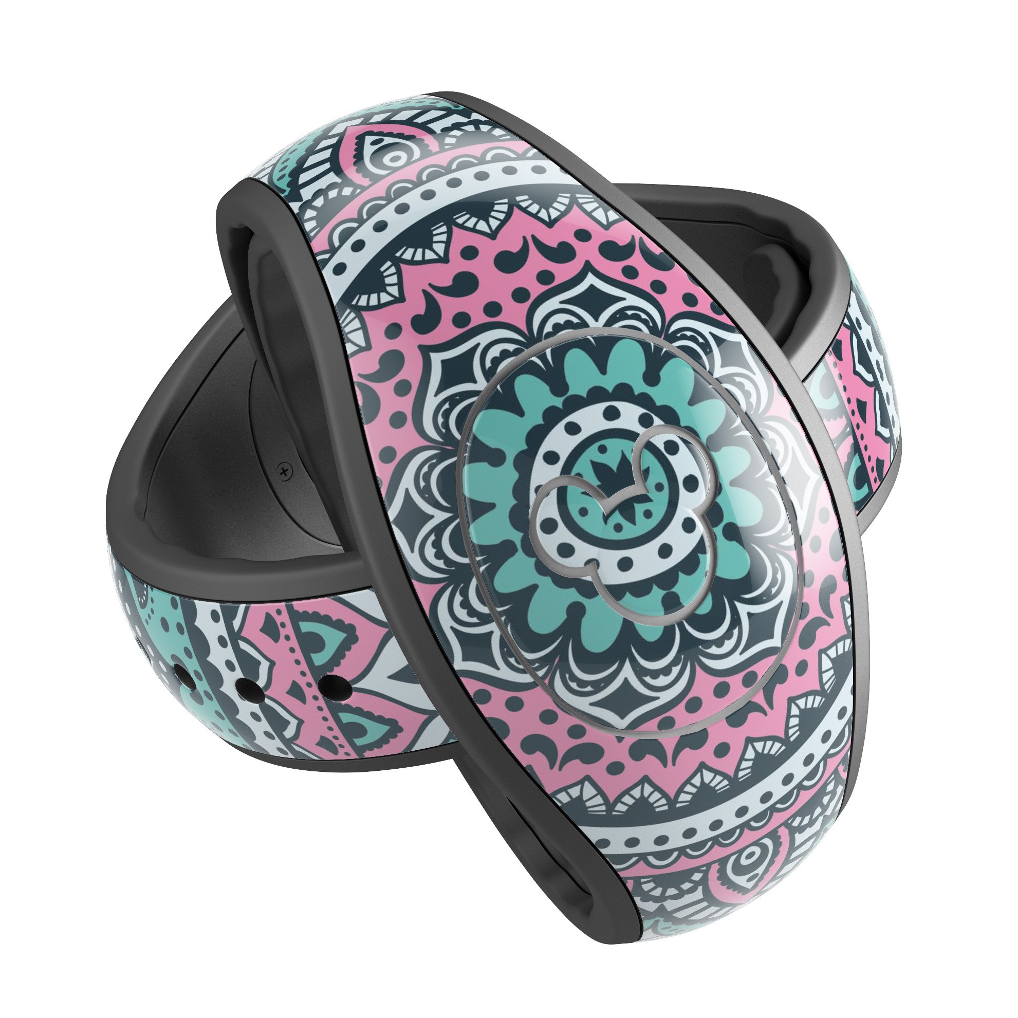 Green and Pink Circle Mandala decal skin wrap kit for Disney Magic Band, showcasing vibrant colors and intricate mandala design.