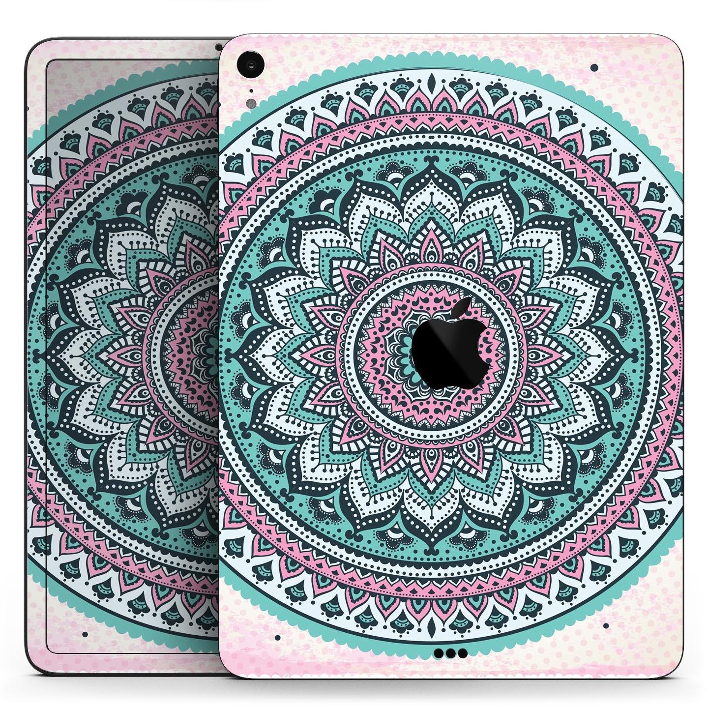 Green and Pink Circle Mandala v9 skin decal for Apple devices, showcasing vibrant colors and intricate mandala design.