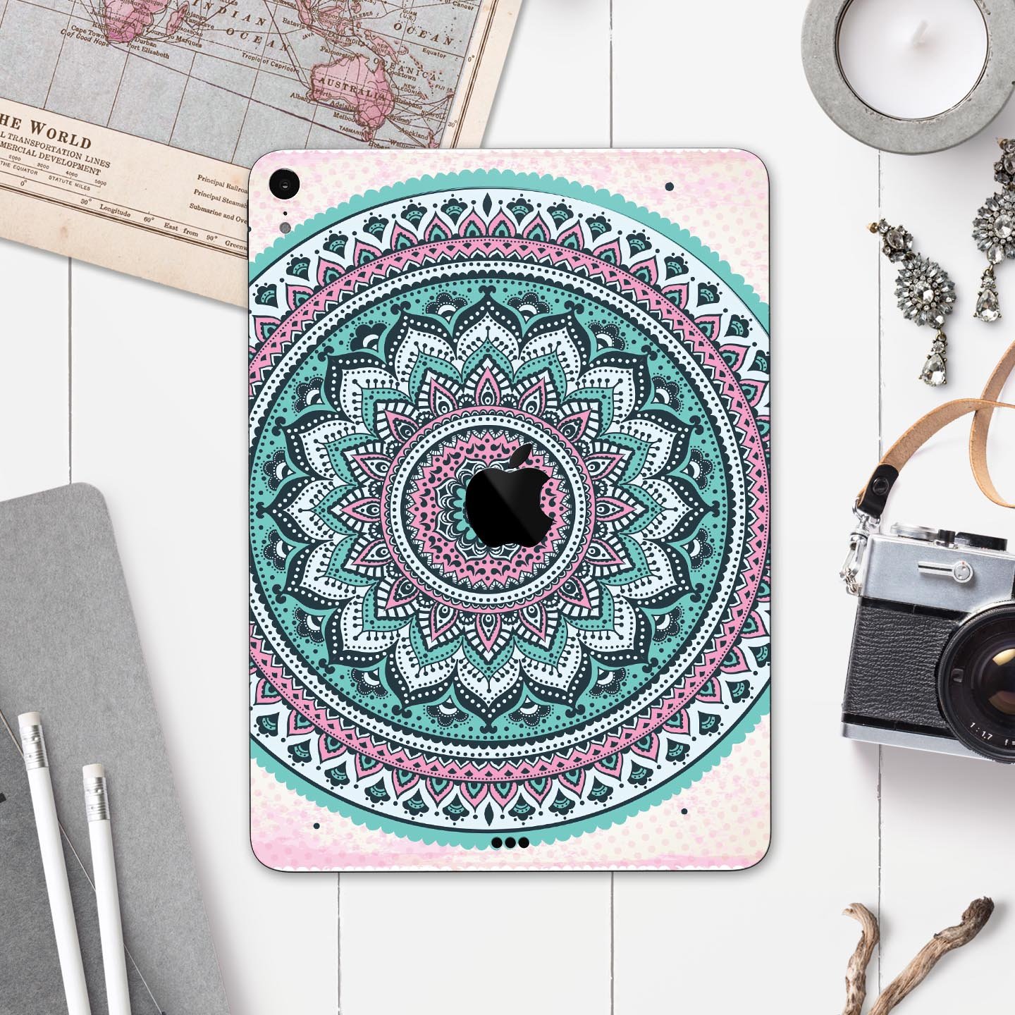 Green and Pink Circle Mandala v9 skin decal for Apple devices, showcasing vibrant colors and intricate mandala design.