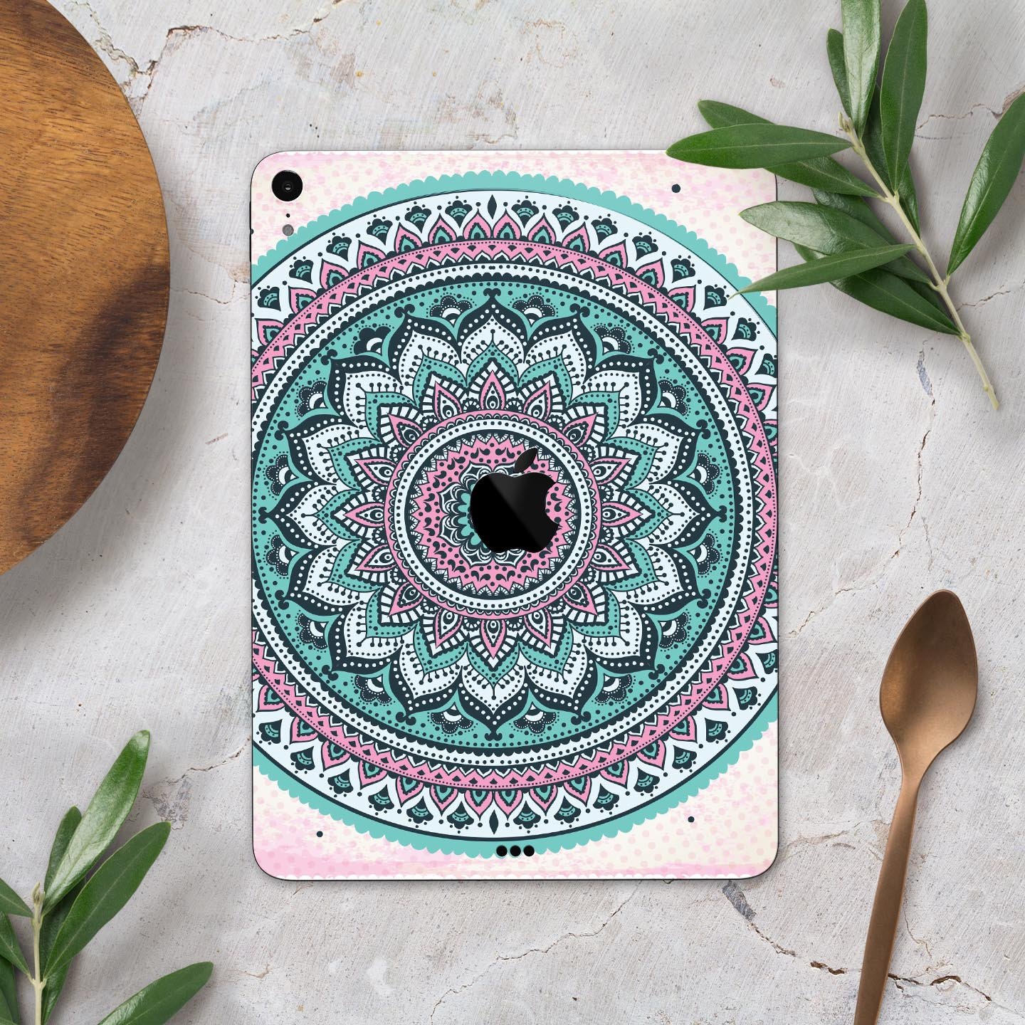 Green and Pink Circle Mandala v9 skin decal for Apple devices, showcasing vibrant colors and intricate mandala design.