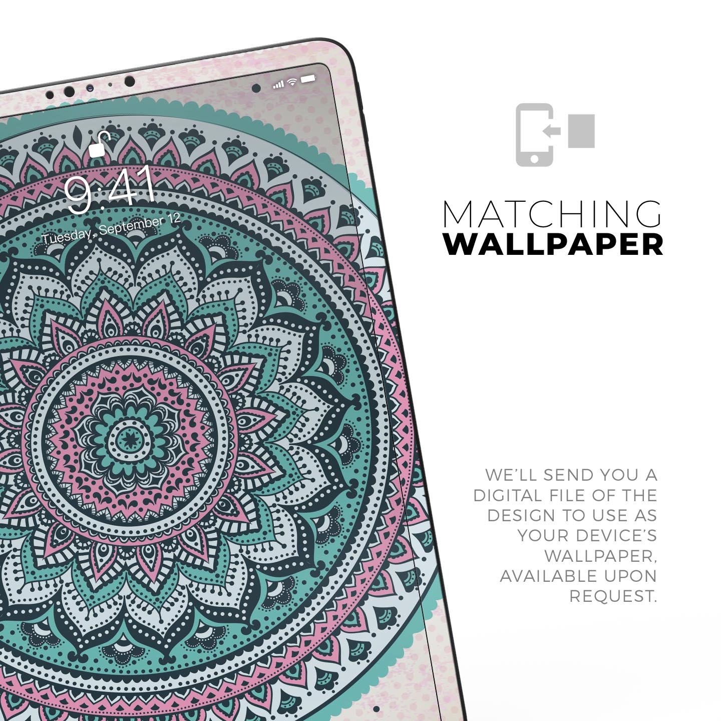 Green and Pink Circle Mandala v9 skin decal for Apple devices, showcasing vibrant colors and intricate mandala design.