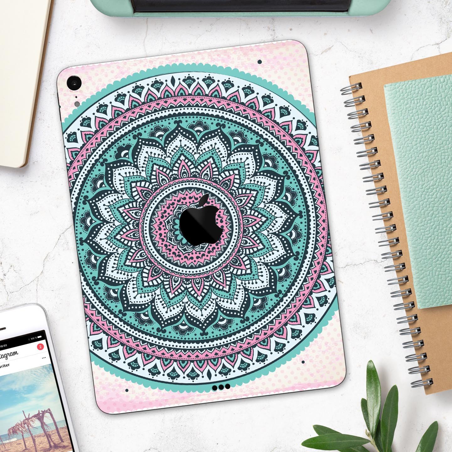 Green and Pink Circle Mandala v9 skin decal for Apple devices, showcasing vibrant colors and intricate mandala design.