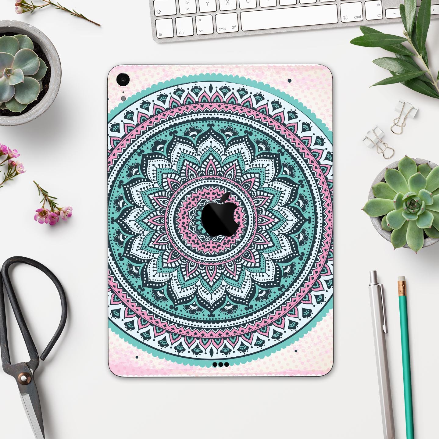 Green and Pink Circle Mandala v9 skin decal for Apple devices, showcasing vibrant colors and intricate mandala design.