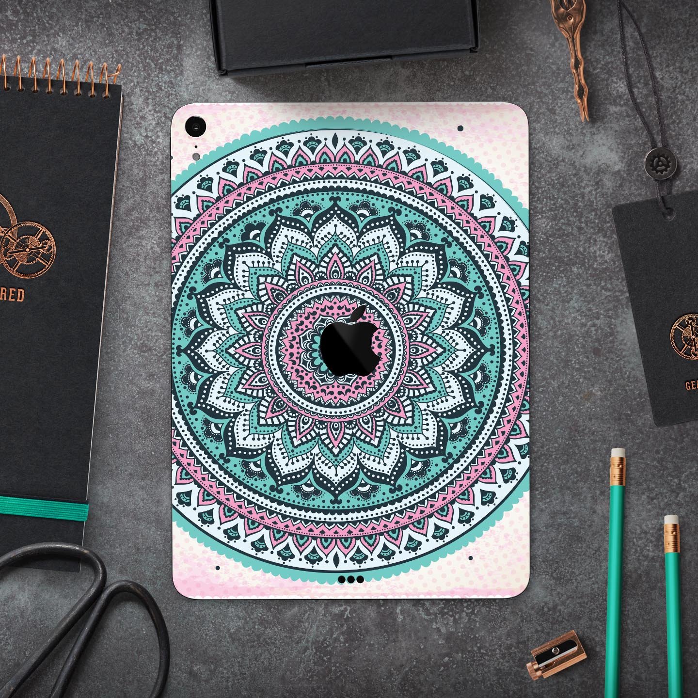 Green and Pink Circle Mandala v9 skin decal for Apple devices, showcasing vibrant colors and intricate mandala design.