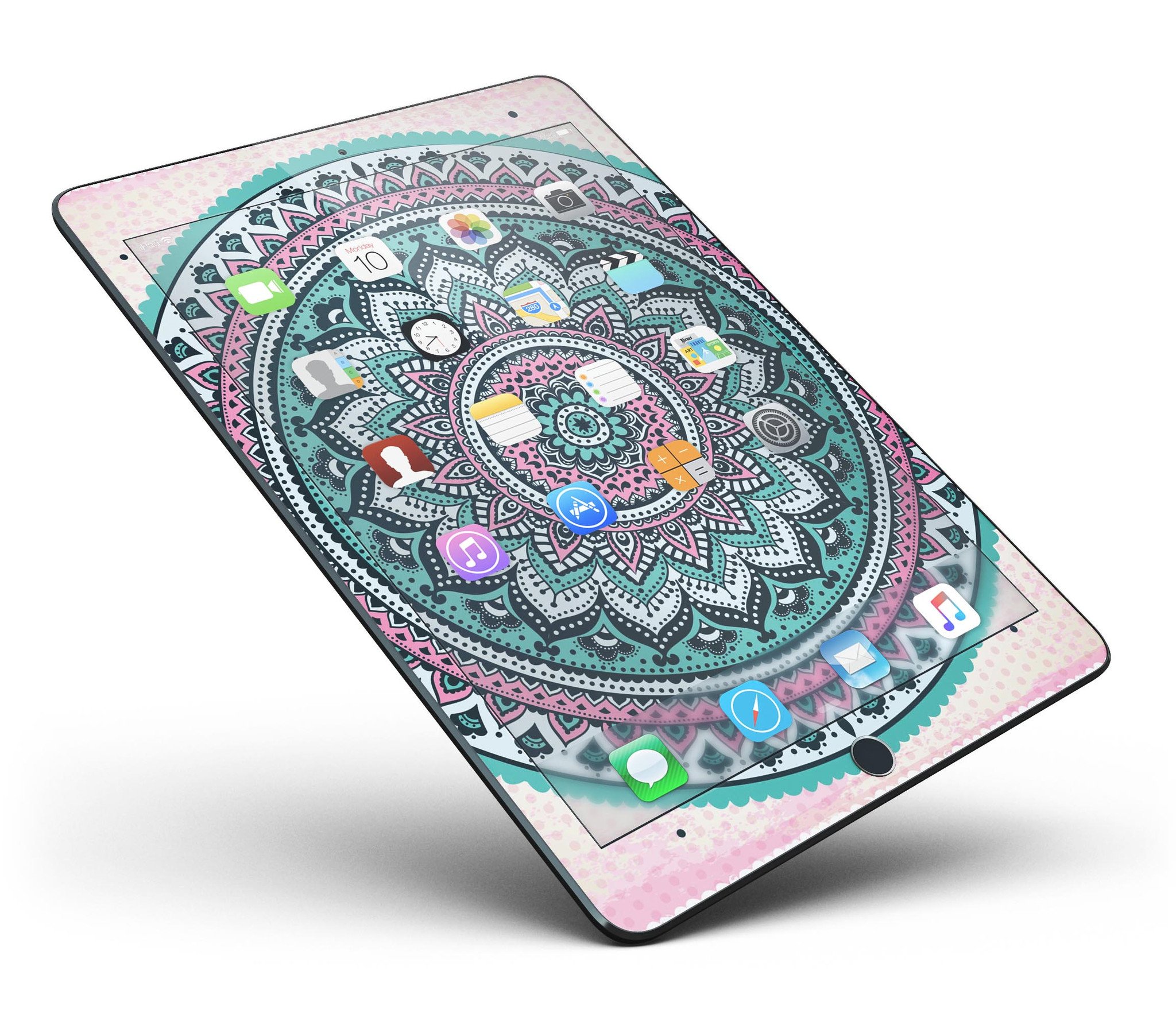 Green and Pink Circle Mandala full body skin for iPad Pro, showcasing vibrant colors and intricate design.