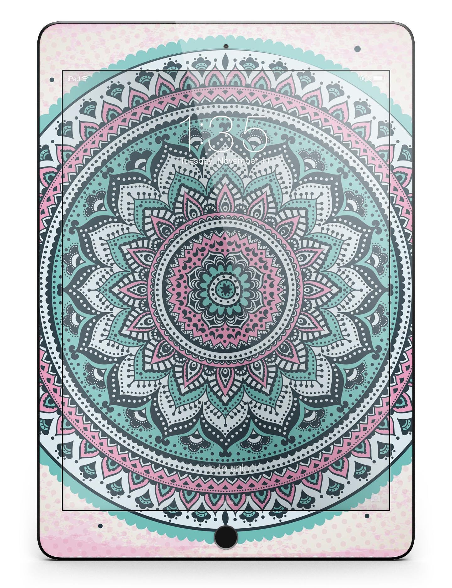 Green and Pink Circle Mandala full body skin for iPad Pro, showcasing vibrant colors and intricate design.