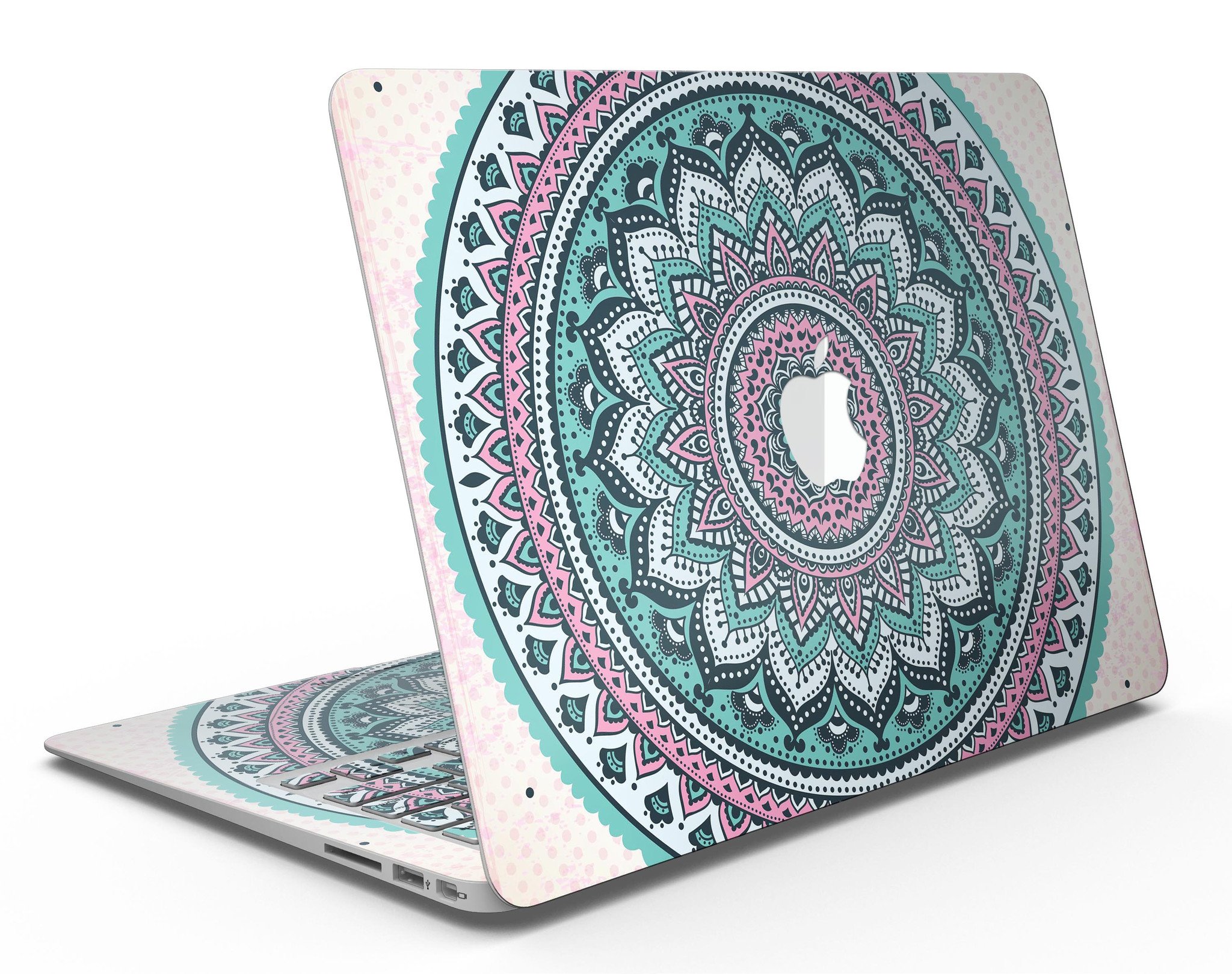 Green and Pink Circle Mandala skin for MacBook Air, showcasing vibrant colors and intricate design, perfectly fitted on the device.