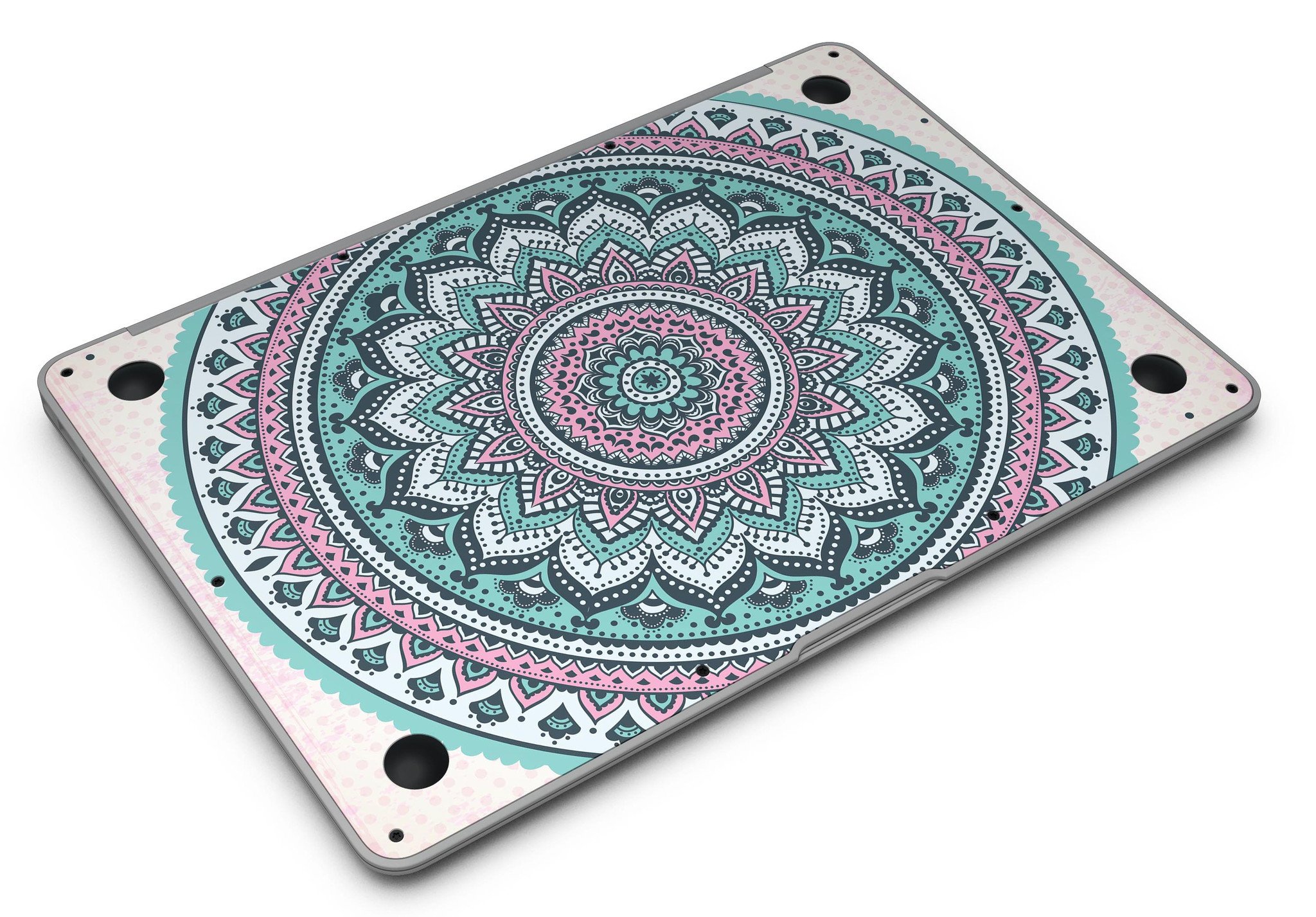 Green and Pink Circle Mandala skin for MacBook Air, showcasing vibrant colors and intricate design, perfectly fitted on the device.