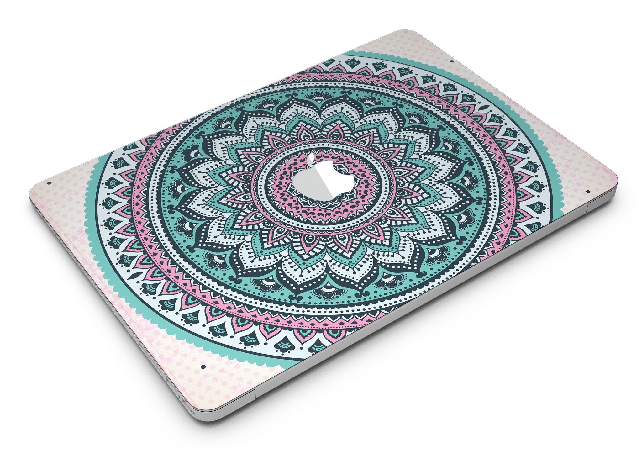 Green and Pink Circle Mandala skin for MacBook Air, showcasing vibrant colors and intricate design, perfectly fitted on the device.