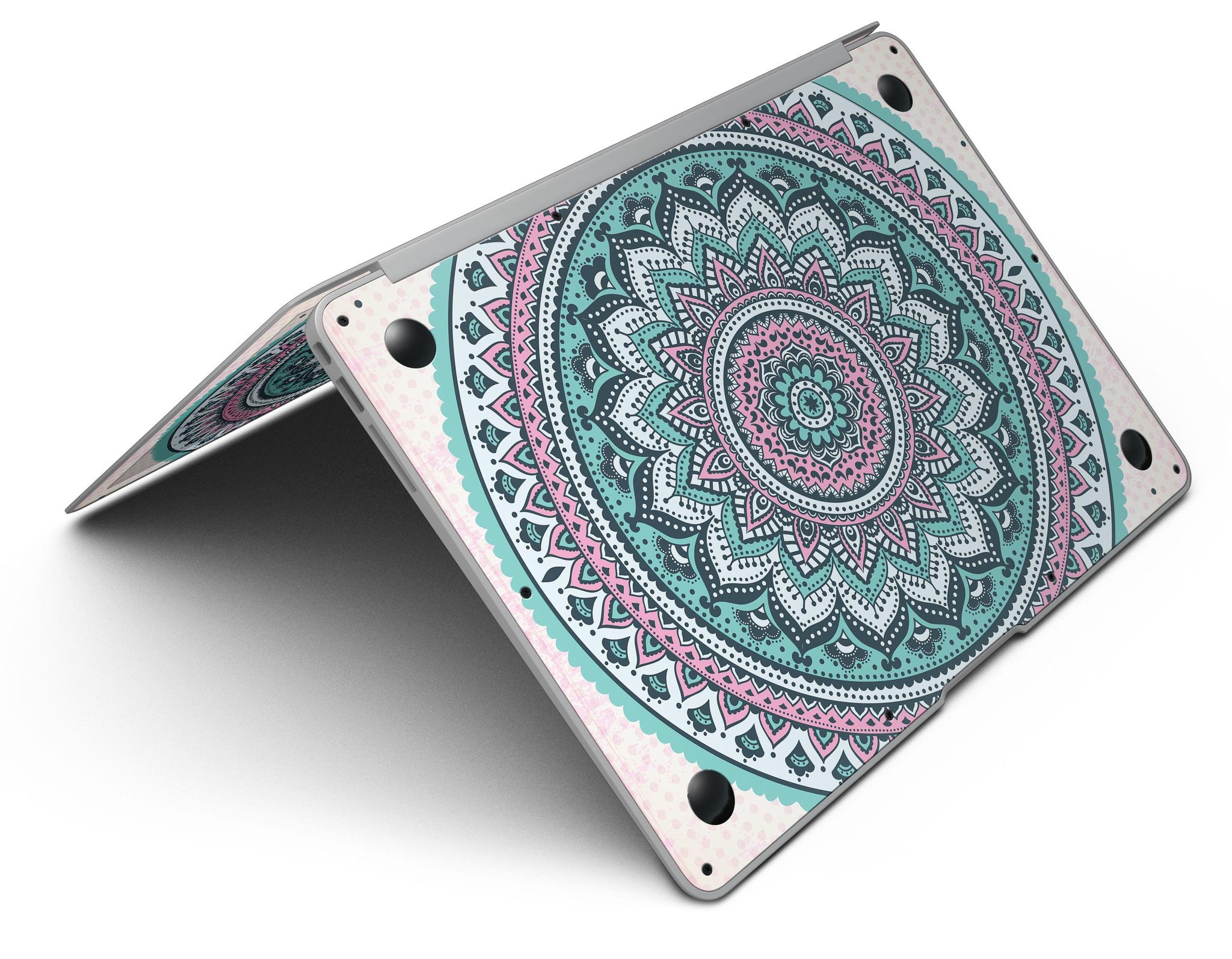 Green and Pink Circle Mandala skin for MacBook Air, showcasing vibrant colors and intricate design, perfectly fitted on the device.