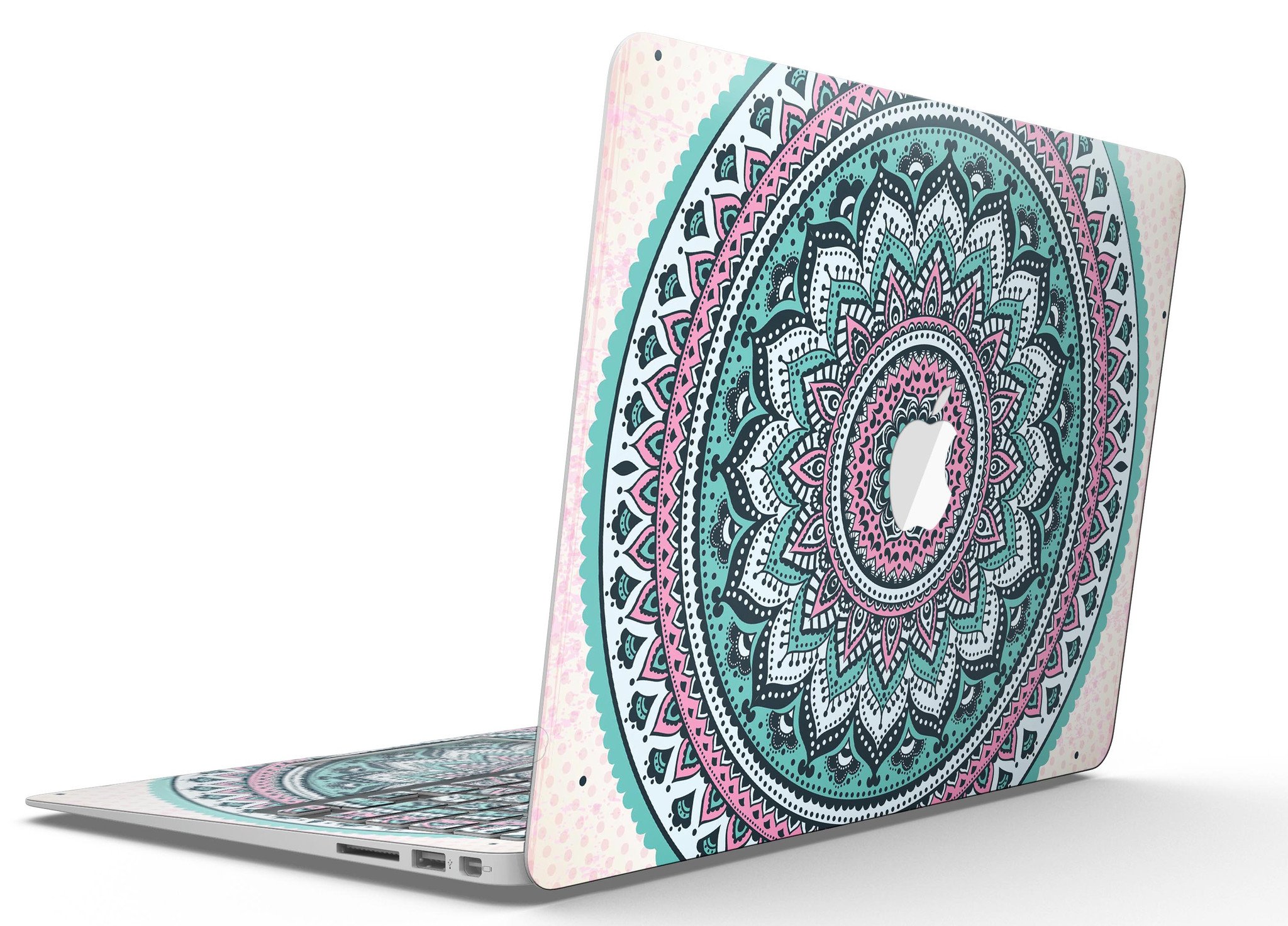 Green and Pink Circle Mandala skin for MacBook Air, showcasing vibrant colors and intricate design, perfectly fitted on the device.