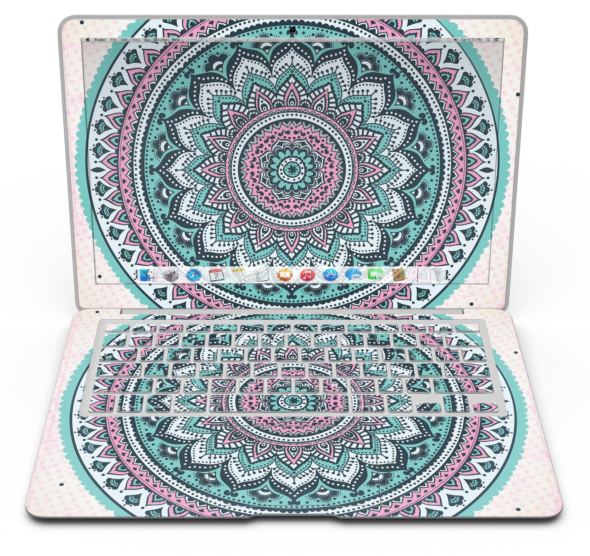 Green and Pink Circle Mandala skin for MacBook Air, showcasing vibrant colors and intricate design, perfectly fitted on the device.