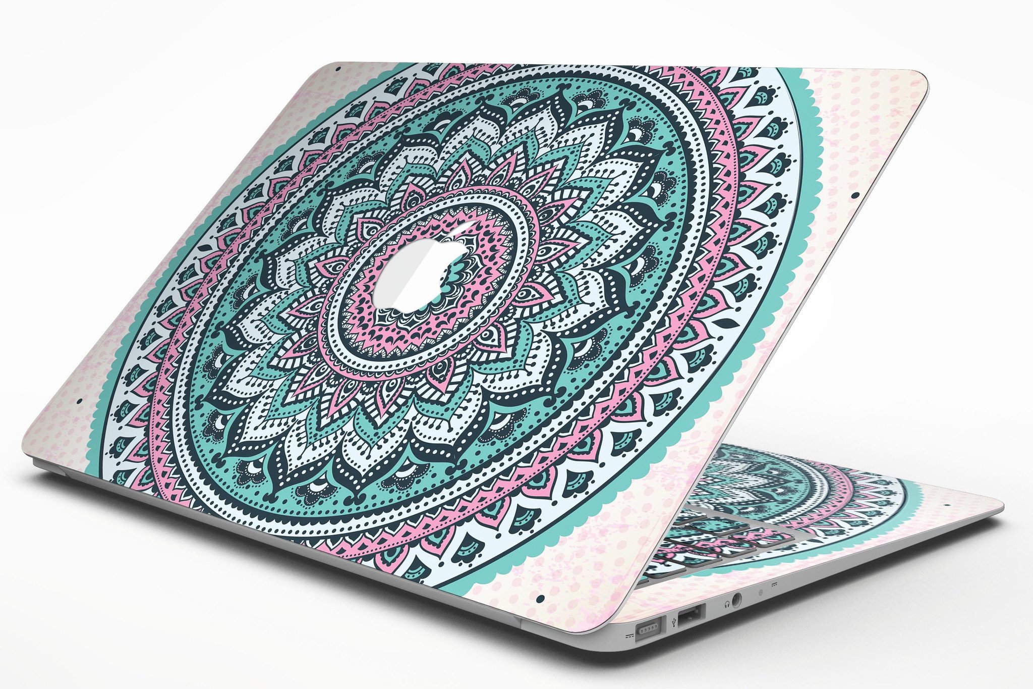 Green and Pink Circle Mandala skin for MacBook Air, showcasing vibrant colors and intricate design, perfectly fitted on the device.