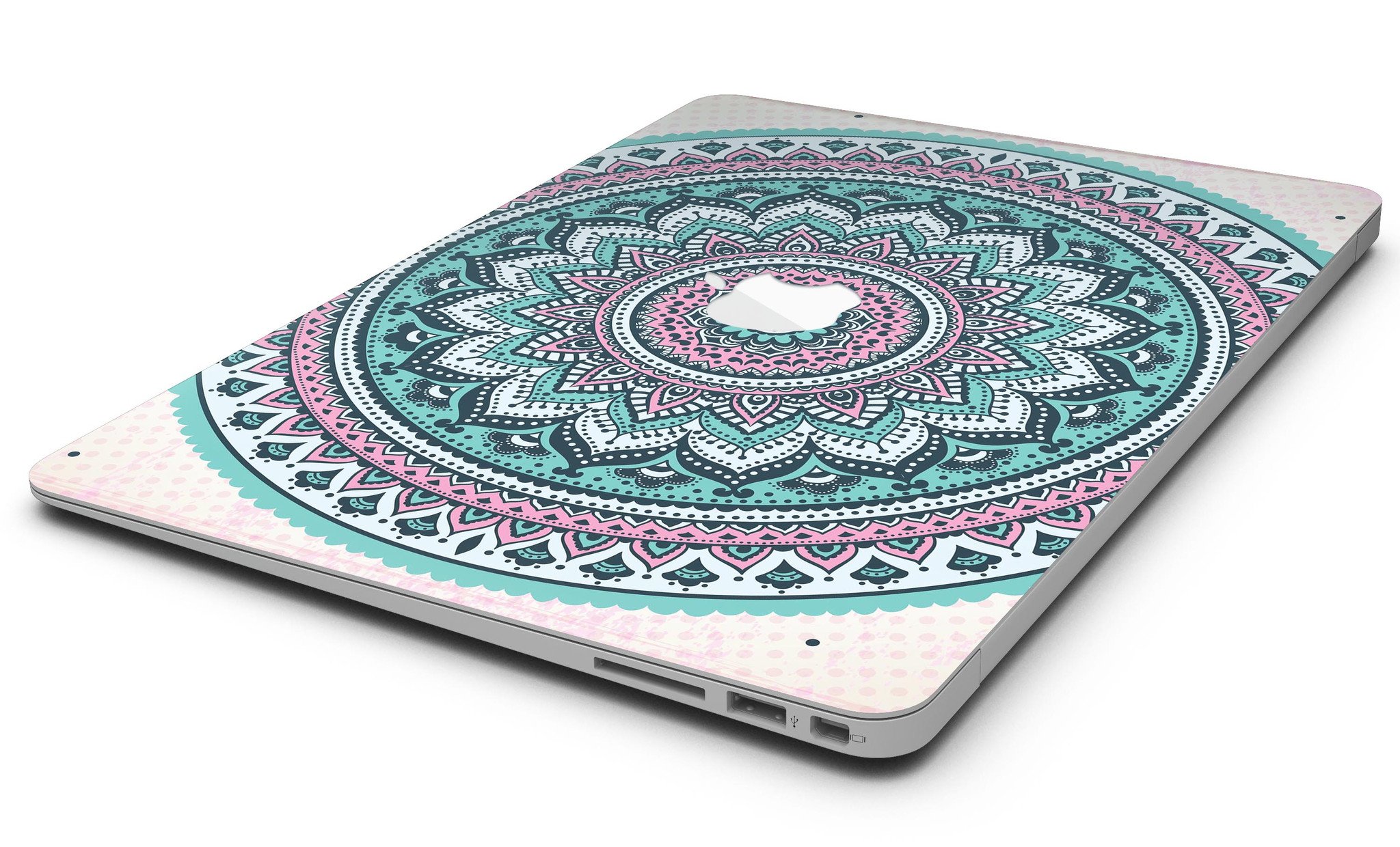 Green and Pink Circle Mandala skin for MacBook Air, showcasing vibrant colors and intricate design, perfectly fitted on the device.