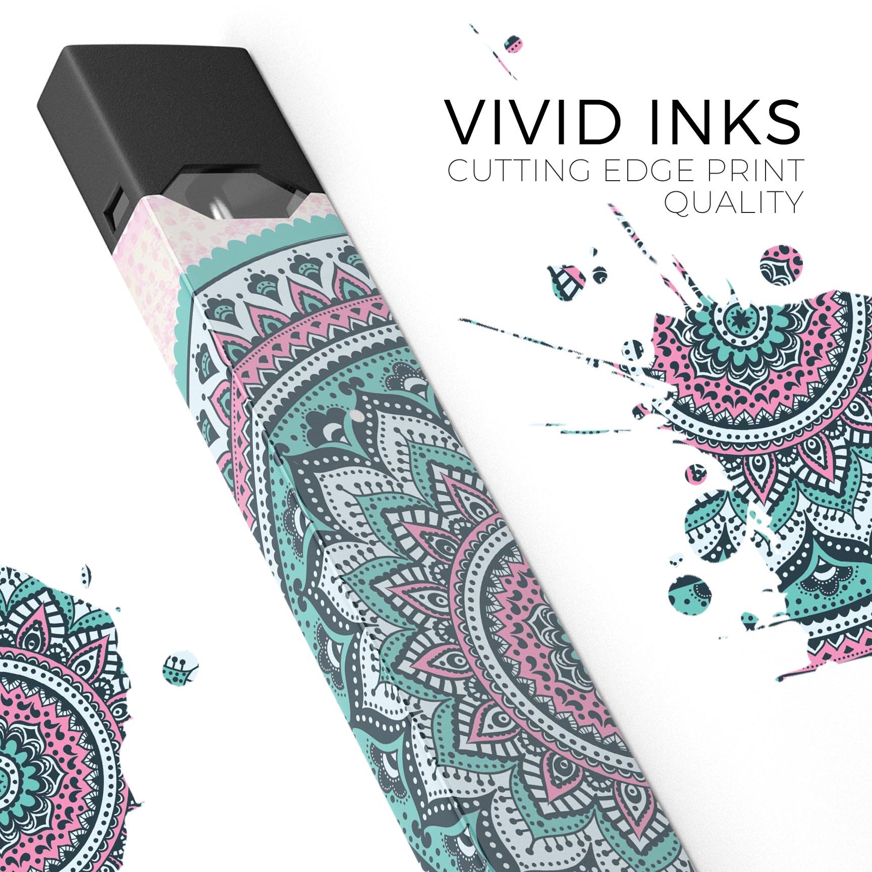 Green and Pink Circle Mandala v9 decal skin wrap for JUUL device, showcasing vibrant colors and intricate mandala design.