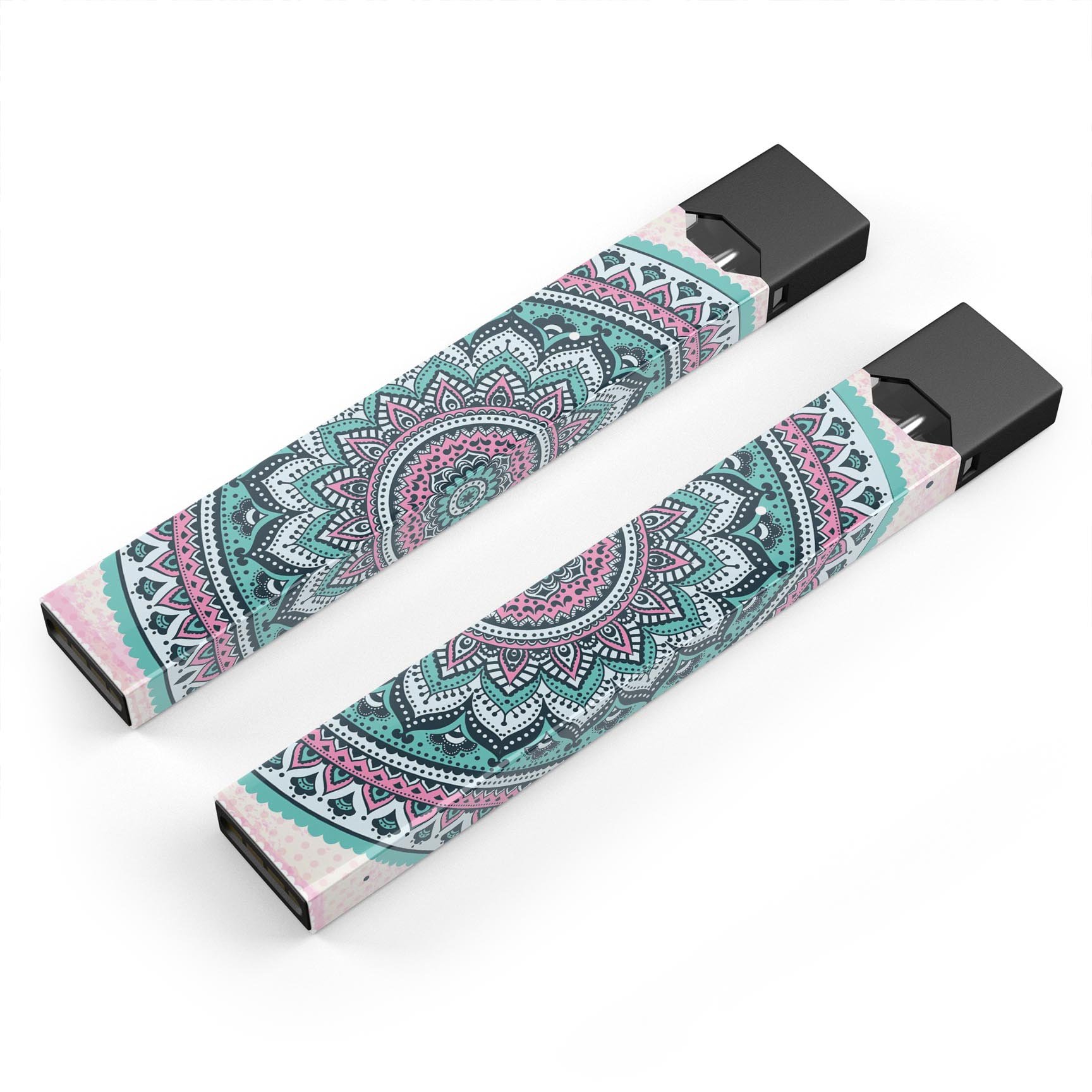 Green and Pink Circle Mandala v9 decal skin wrap for JUUL device, showcasing vibrant colors and intricate mandala design.