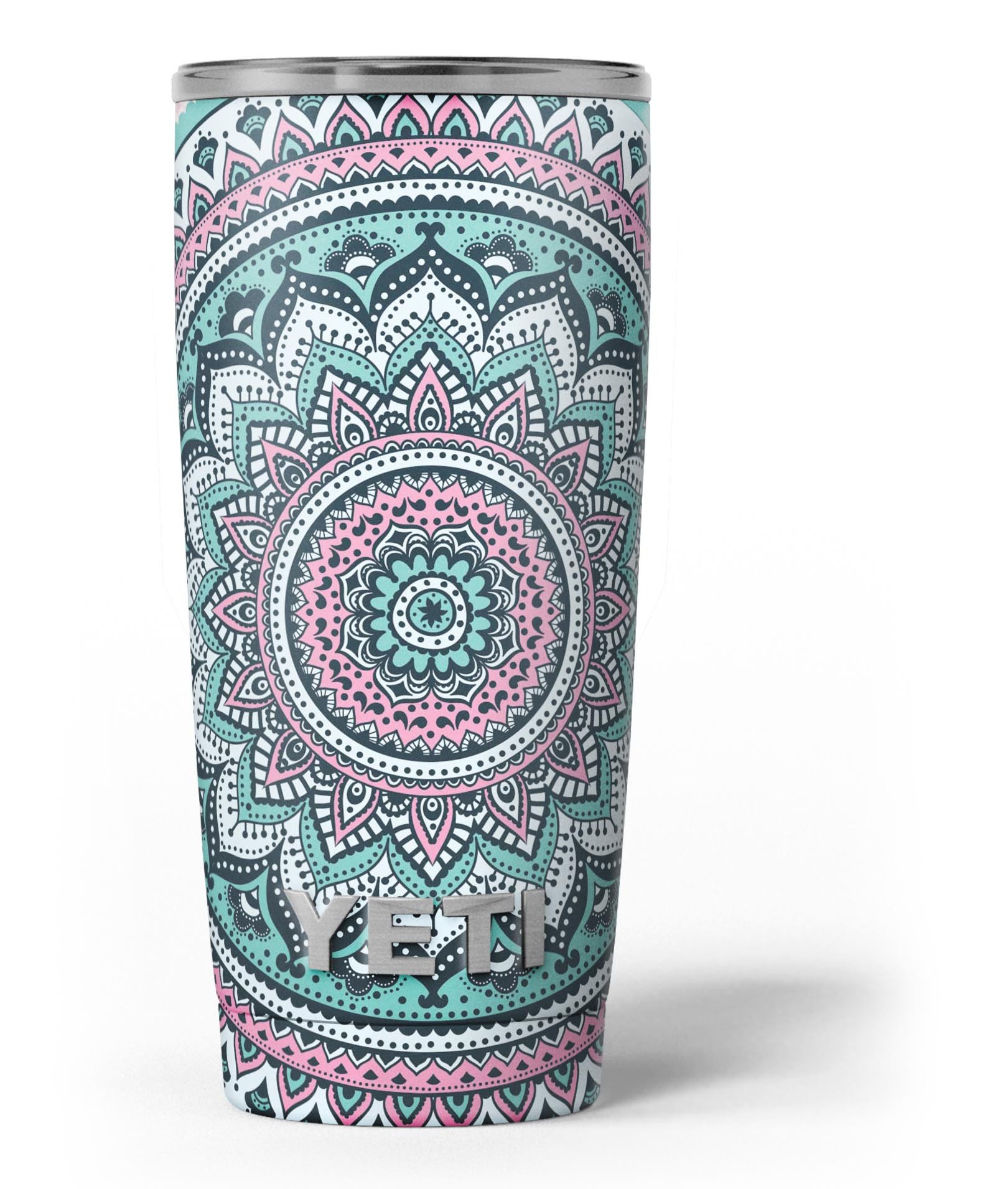 Green and Pink Circle Mandala skin decal vinyl wrap kit for Yeti Coolers, showcasing vibrant colors and intricate mandala design.