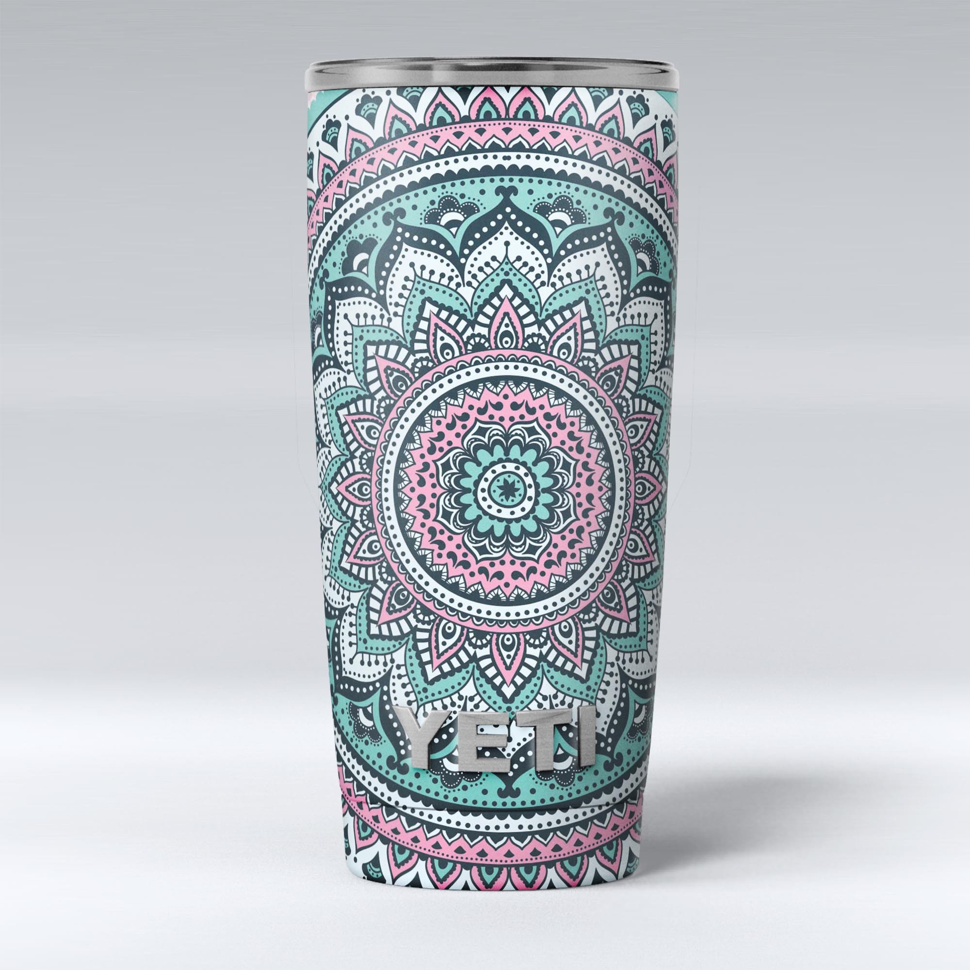 Green and Pink Circle Mandala skin decal vinyl wrap kit for Yeti Coolers, showcasing vibrant colors and intricate mandala design.