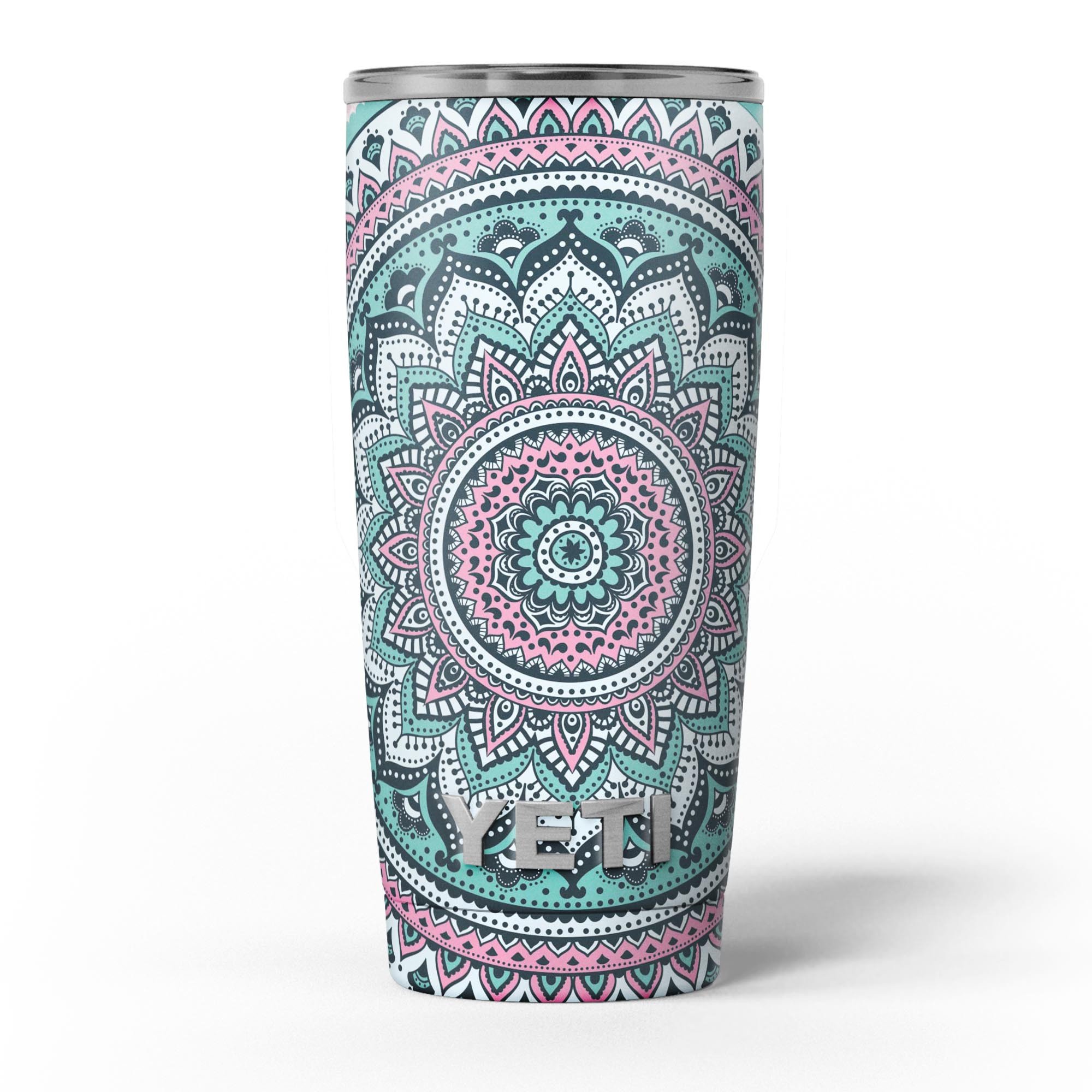 Green and Pink Circle Mandala skin decal vinyl wrap kit for Yeti Coolers, showcasing vibrant colors and intricate mandala design.