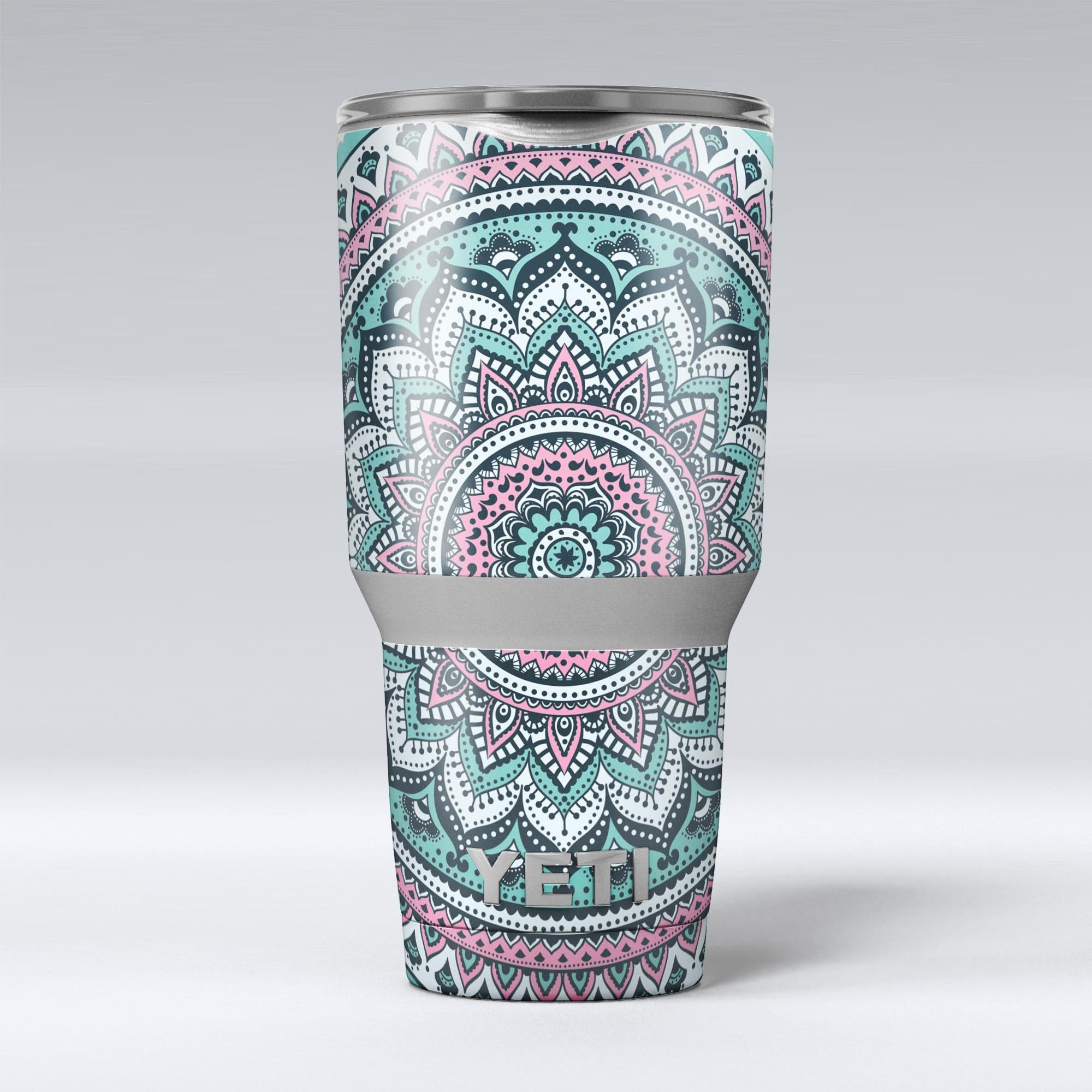 Green and Pink Circle Mandala skin decal vinyl wrap kit for Yeti Coolers, showcasing vibrant colors and intricate mandala design.