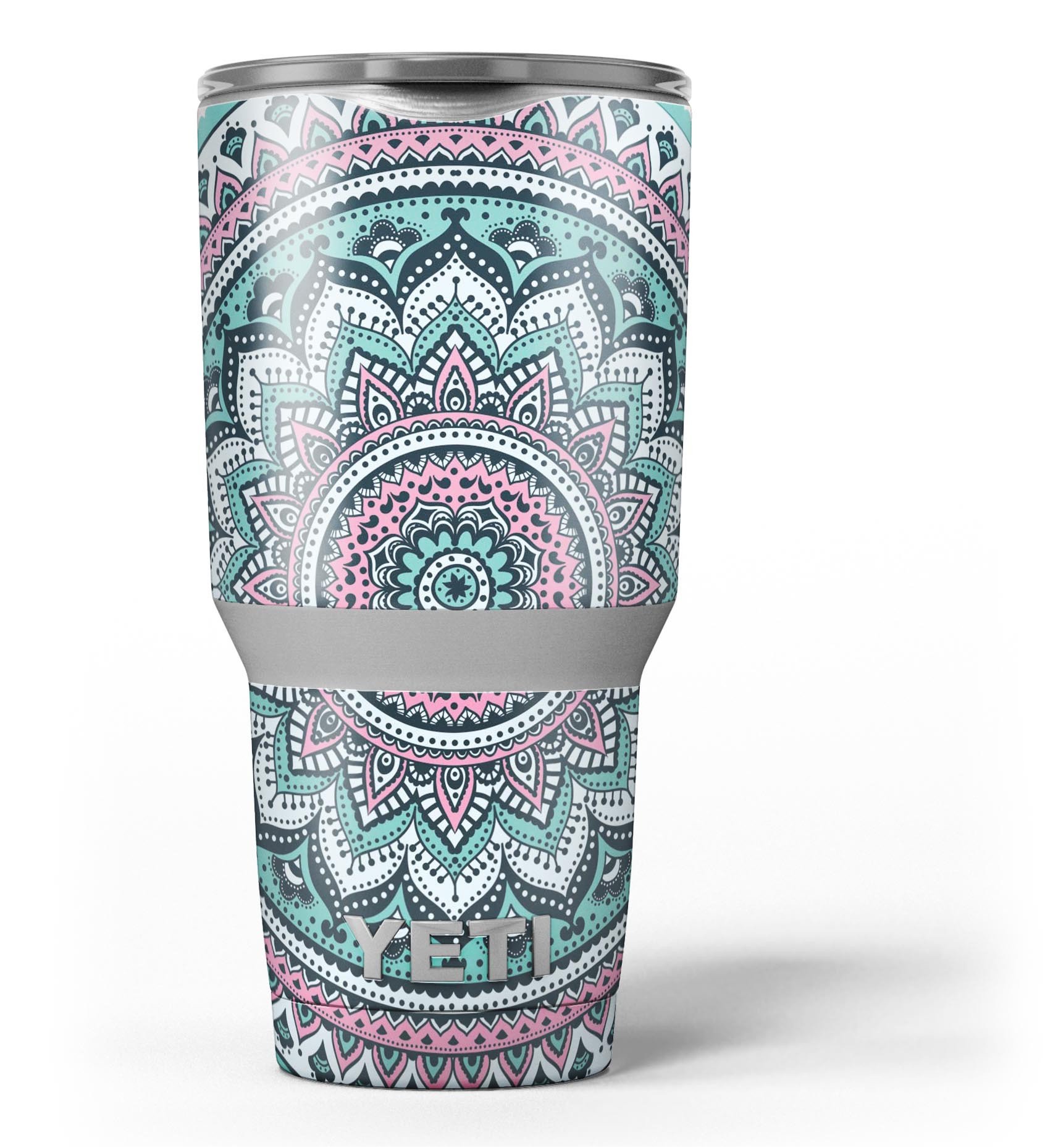 Green and Pink Circle Mandala skin decal vinyl wrap kit for Yeti Coolers, showcasing vibrant colors and intricate mandala design.