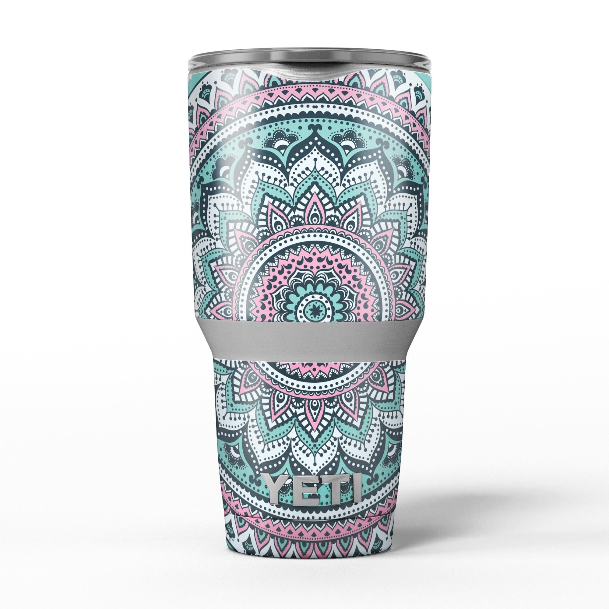 Green and Pink Circle Mandala skin decal vinyl wrap kit for Yeti Coolers, showcasing vibrant colors and intricate mandala design.