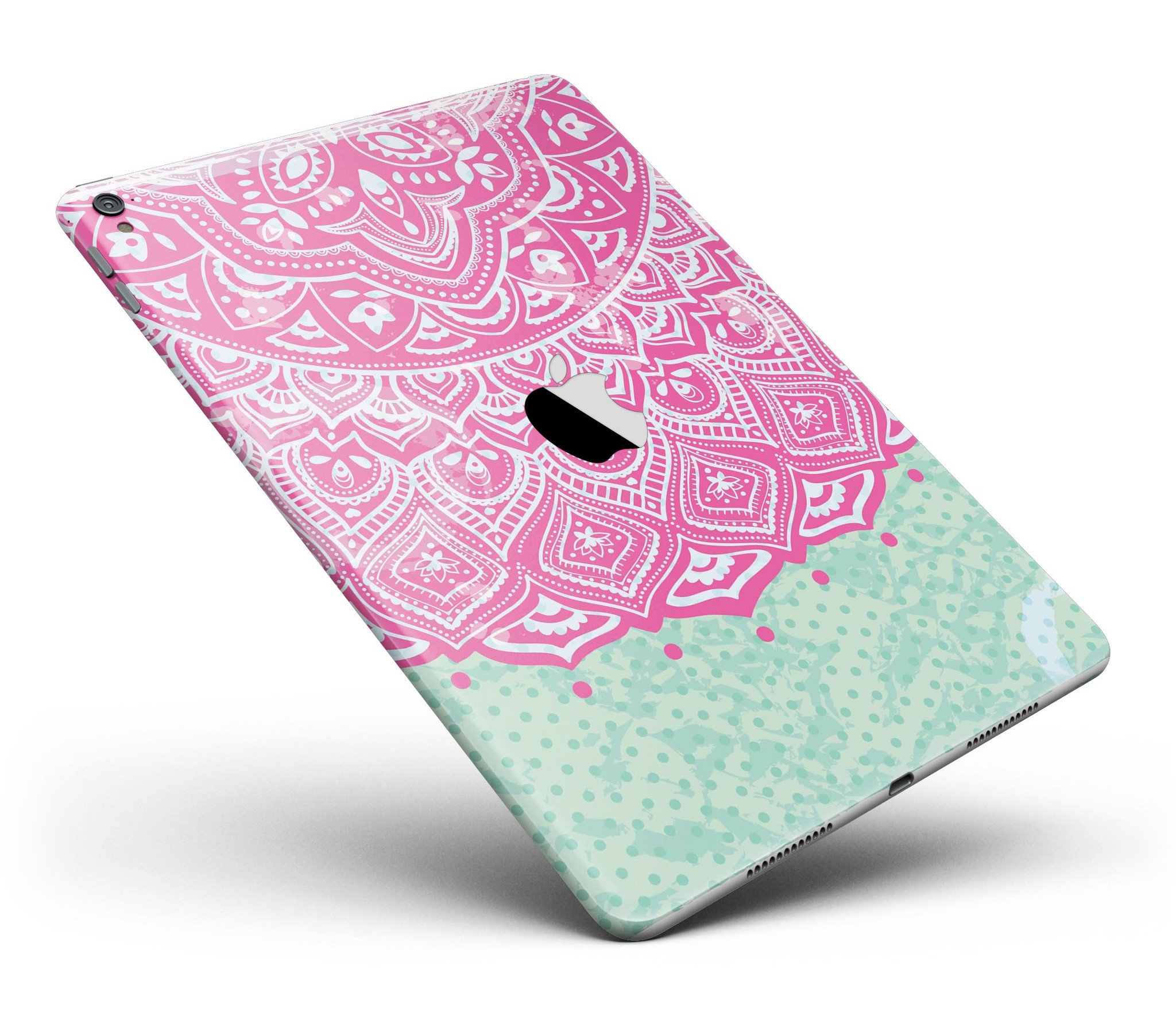 Green and Pink Tribal v3 Full Body Skin for iPad Pro, showcasing vibrant tribal patterns and a sleek design.