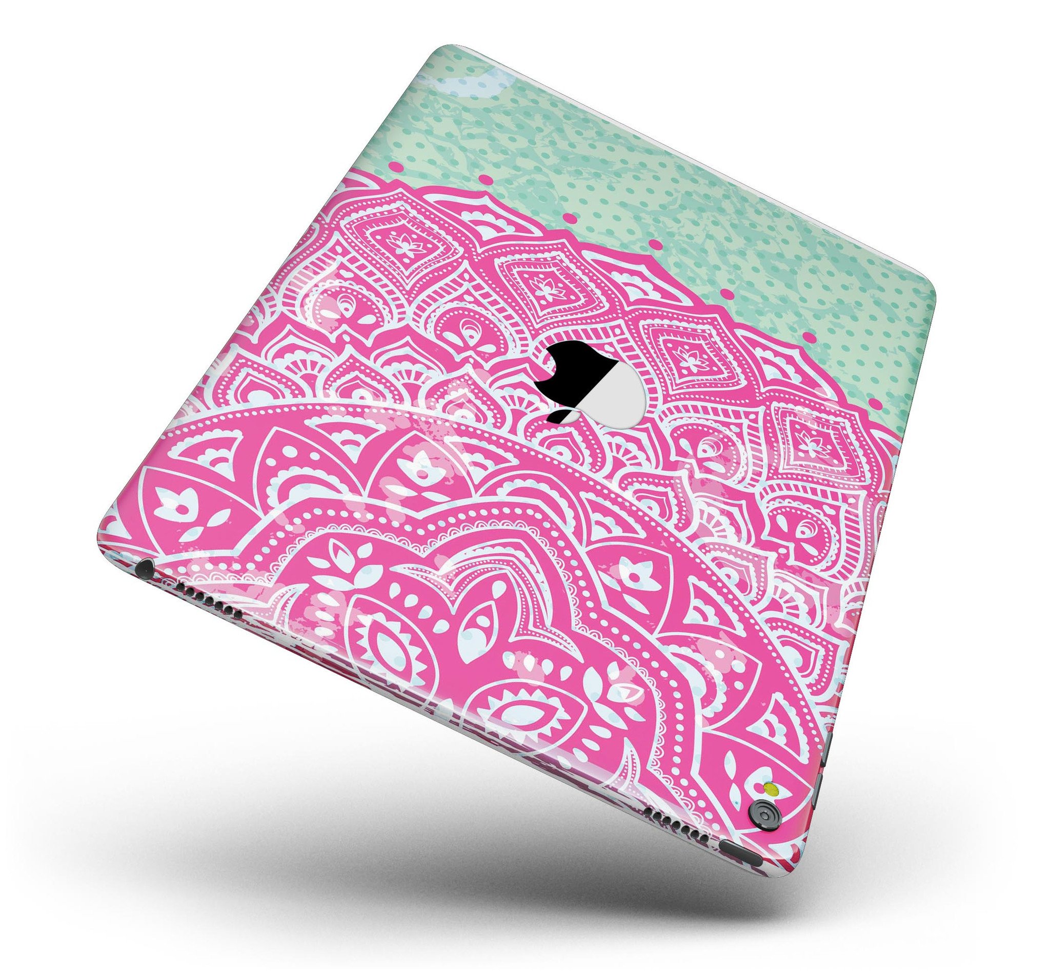 Green and Pink Tribal v3 Full Body Skin for iPad Pro, showcasing vibrant tribal patterns and a sleek design.