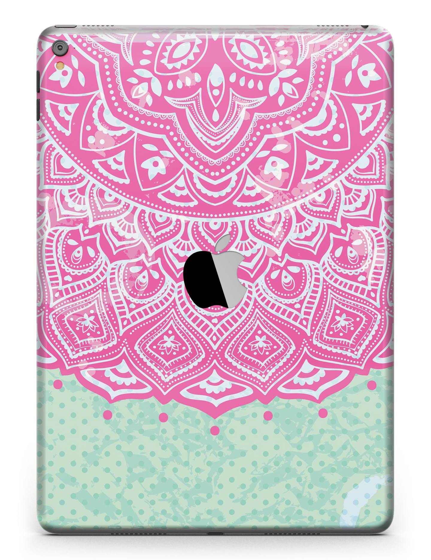 Green and Pink Tribal v3 Full Body Skin for iPad Pro, showcasing vibrant tribal patterns and a sleek design.