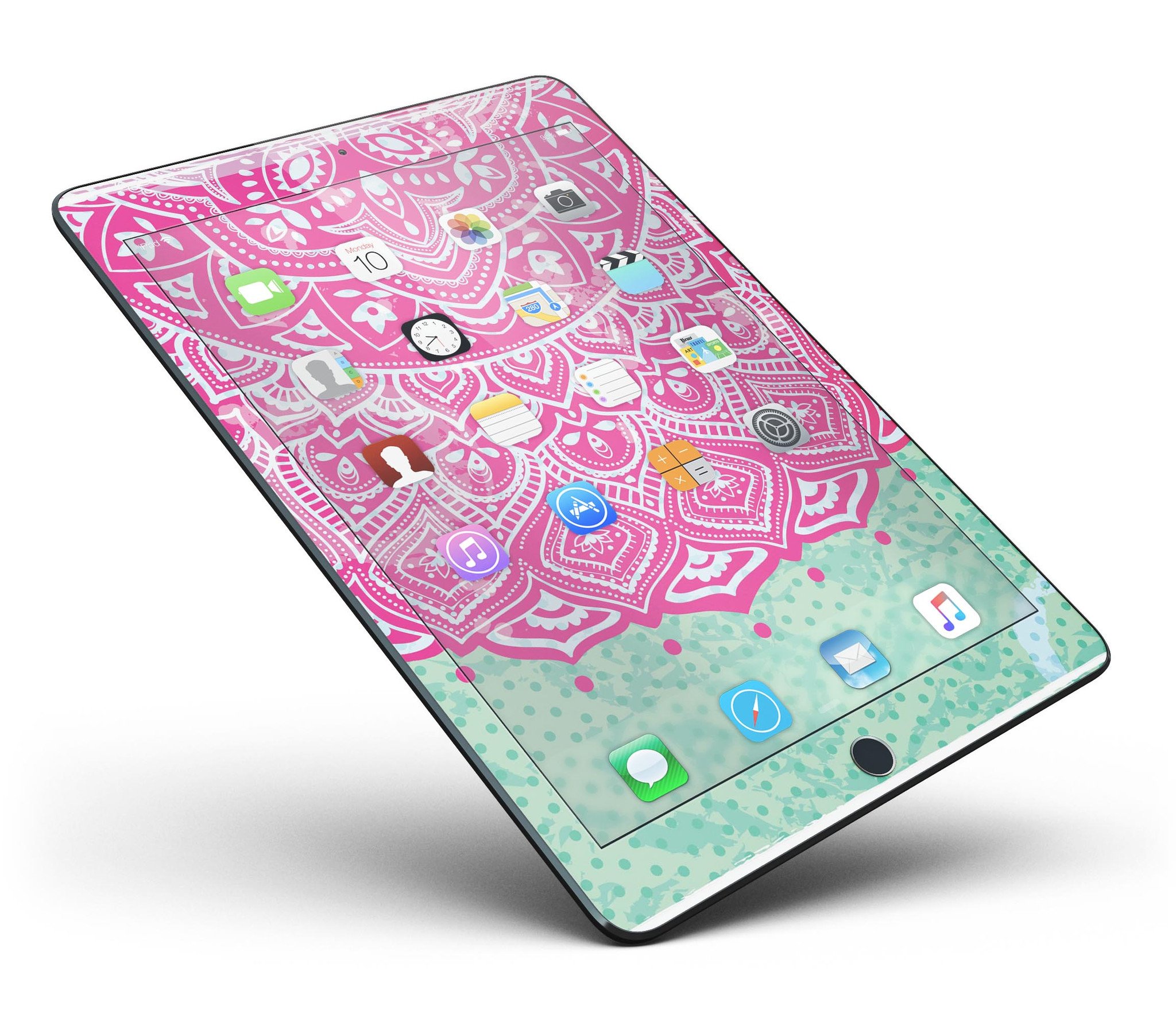 Green and Pink Tribal v3 Full Body Skin for iPad Pro, showcasing vibrant tribal patterns and a sleek design.