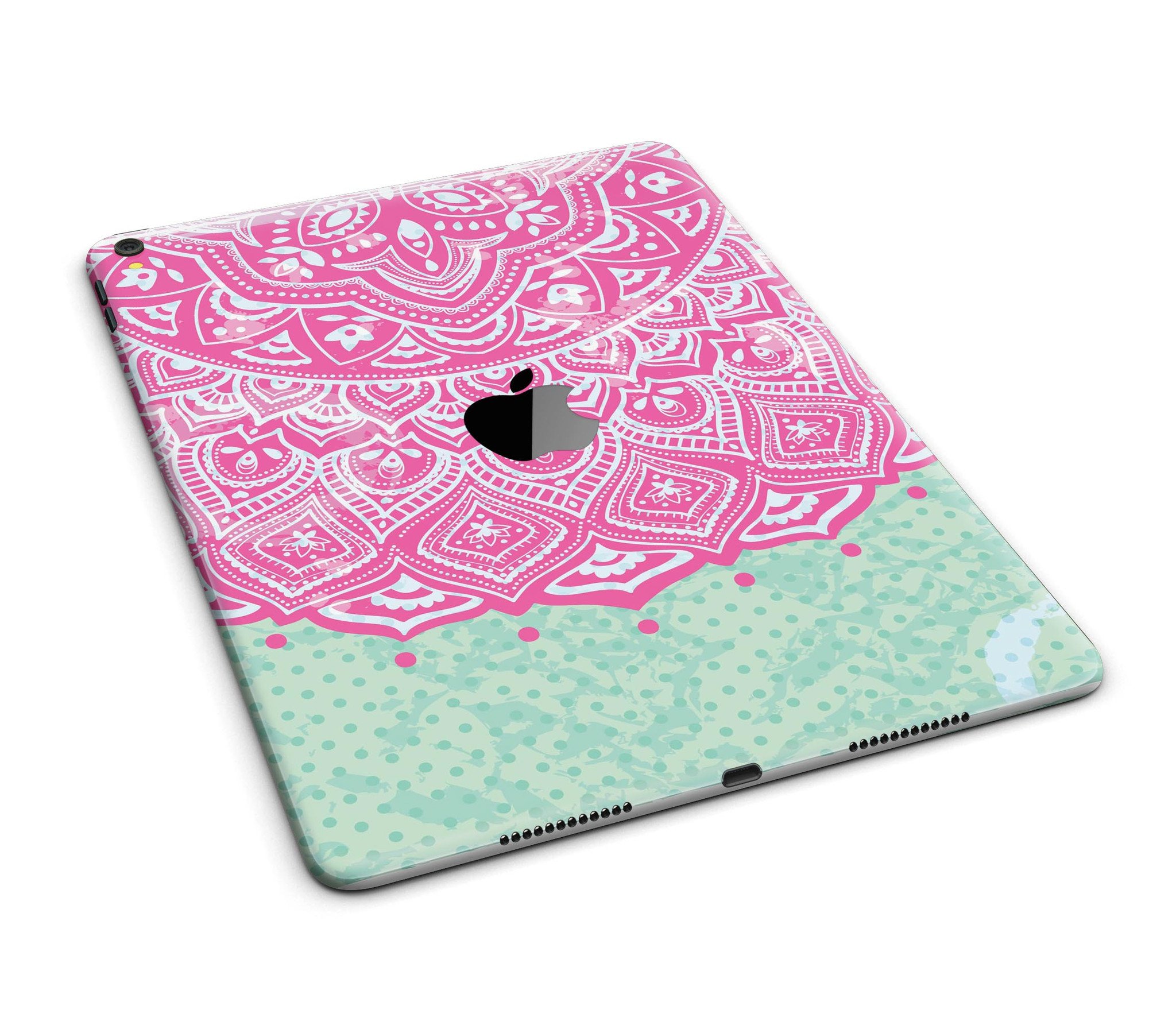 Green and Pink Tribal v3 Full Body Skin for iPad Pro, showcasing vibrant tribal patterns and a sleek design.