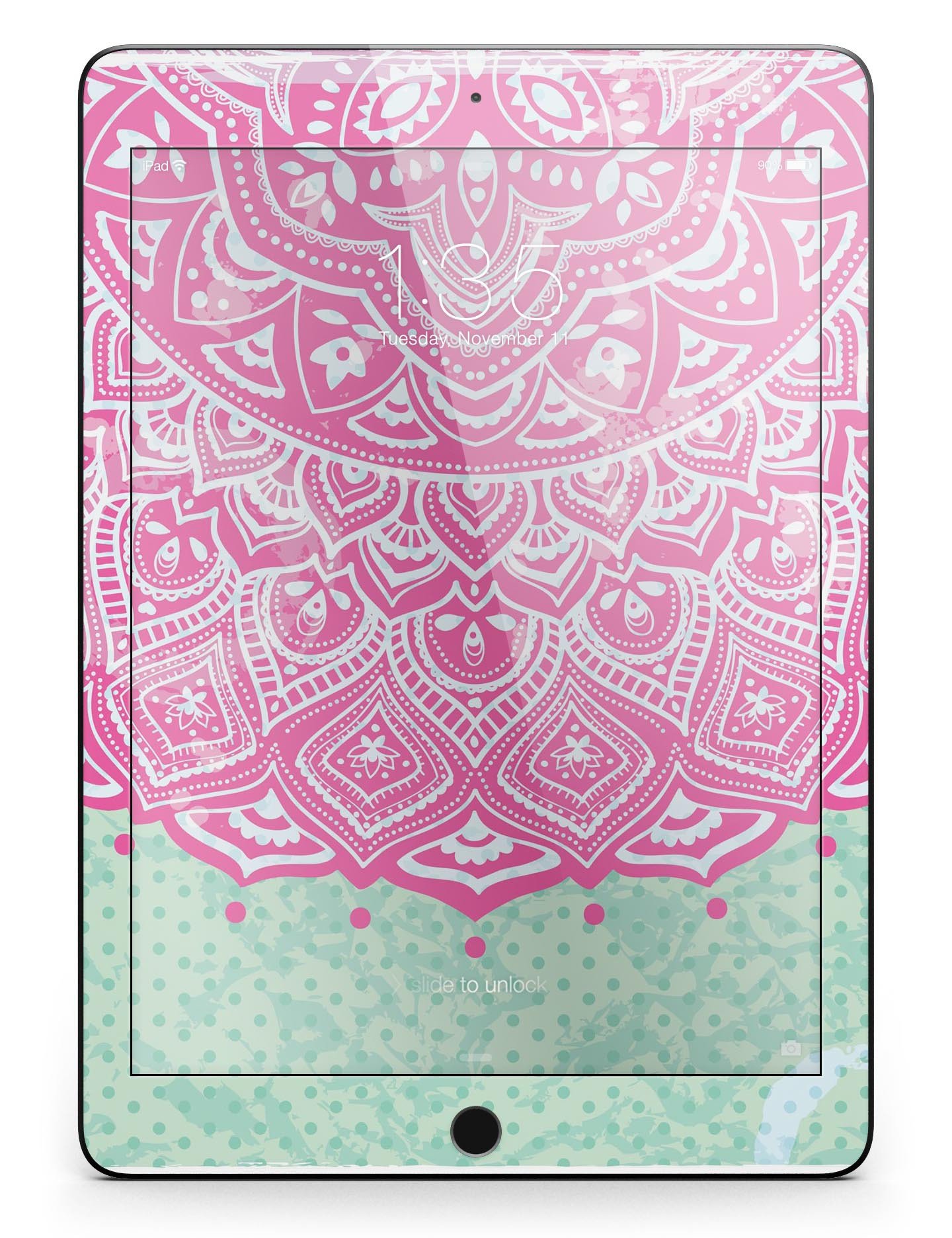 Green and Pink Tribal v3 Full Body Skin for iPad Pro, showcasing vibrant tribal patterns and a sleek design.